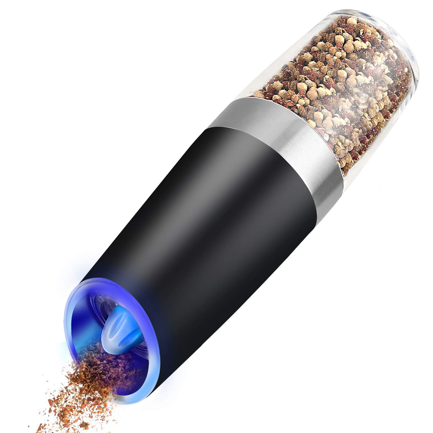 Electric Pepper Grinder or Salt Grinder Mill with Adjustable Coarseness Ceramic Mechanism, Automatic Operation, Battery Powered with Blue LED Light