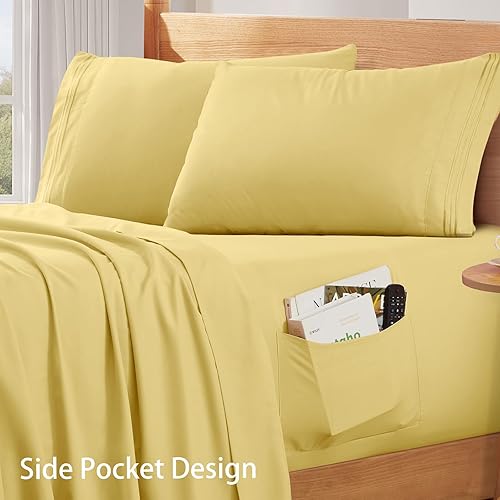 Miniatura 4 de SiinvdaBZX Juego de sábanas de bolsillo extra profundo tamaño King, se adapta a colchones de hasta 24 pulgadas de grosor, sábanas amarillas de