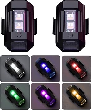 4pcs LED Strobe Drone Lights, 7 Colors Mini USB Rechargeable Led Aircraft Strobe Lights, Riding Flying Anti-collision Night Signal Emergency Light for Car, Motorcycle, Bike, Drone, RC Boat. (Black)