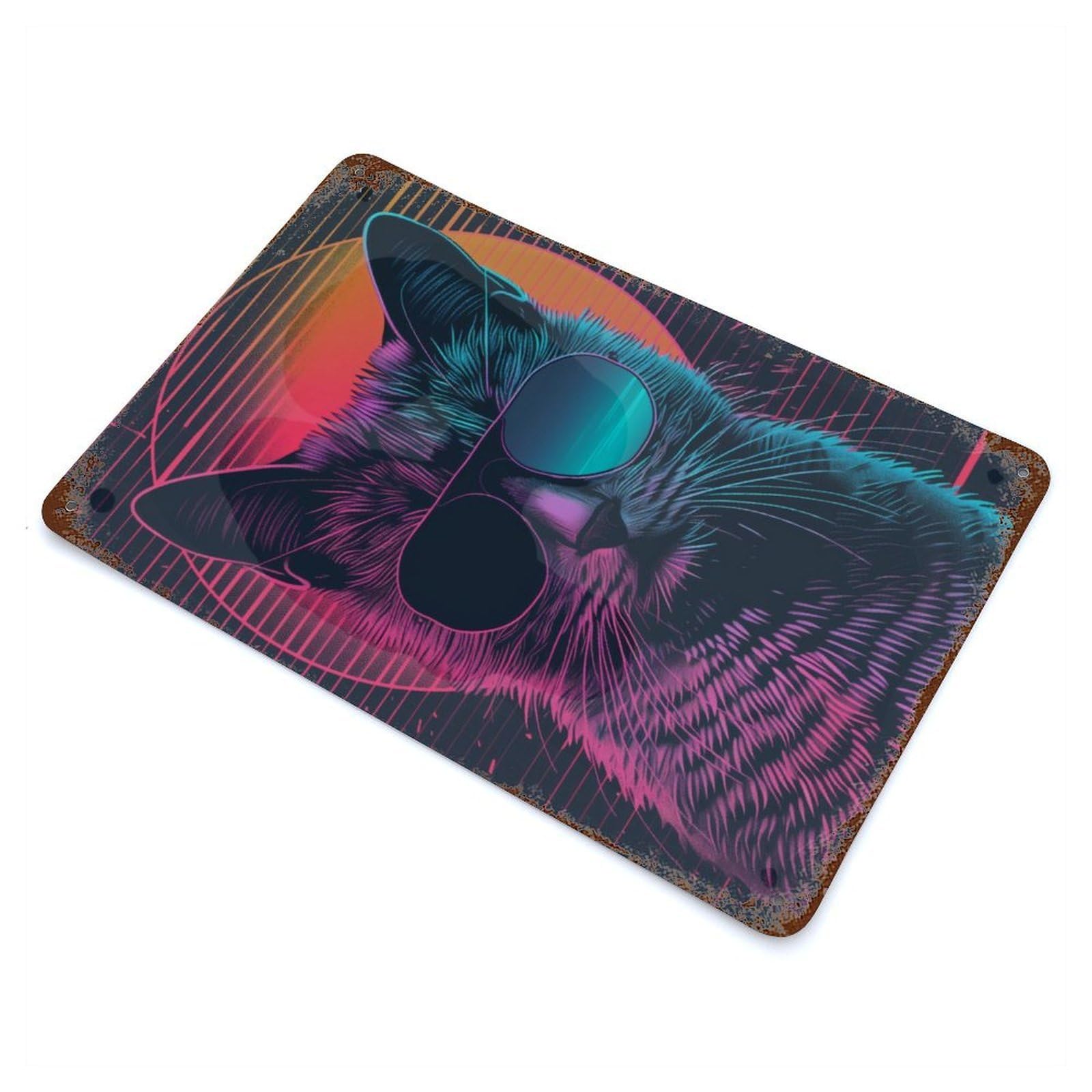 The Retrowave Cat 11.8"x7.9" Vintage Rust Metal Sign, Decorative Metal Wall Art for Living Room, Hallway And Home Decor