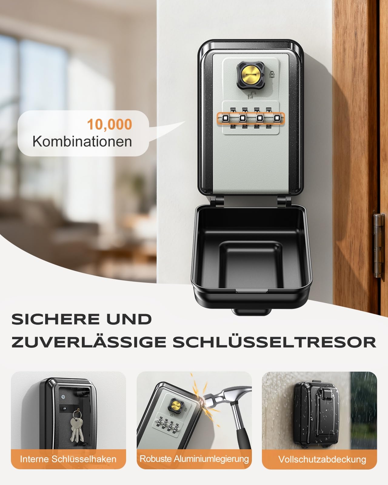 Mohard Wand Schlüsseltresor, [Zurücksetzbarem Ersatzschlüssel] 4 Stellige Schlüsselkasten mit Zahlencode, Wetterfest & Großer Kapazität für Haus, Wohnung, Büro und Garage