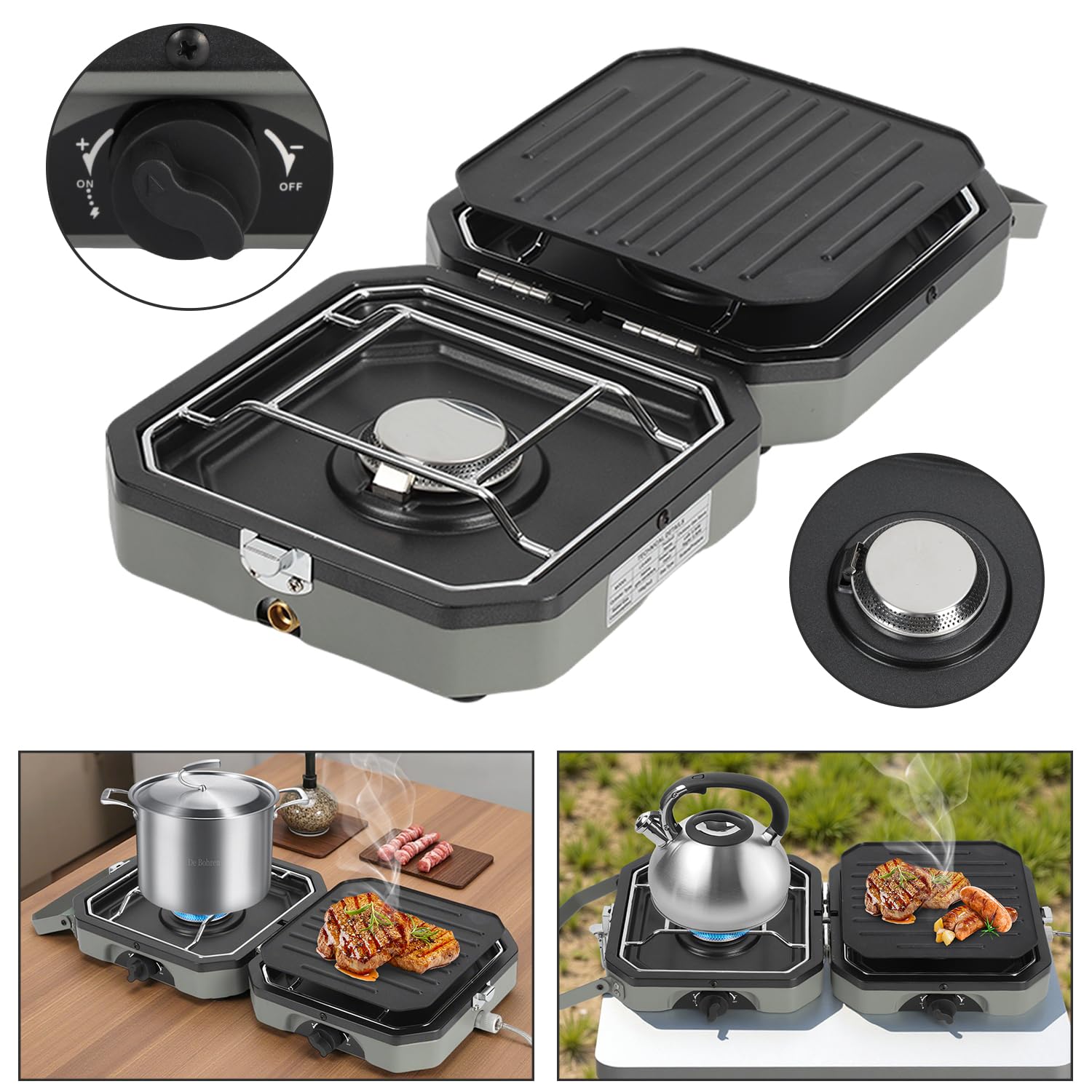 Hornillo de camping 2 en 1 de gas, hornillo de gas para camping, 2 fuegos, plegable, con placa de barbacoa para exteriores, barbacoa, senderismo y emergencias (butano, gris), incluye