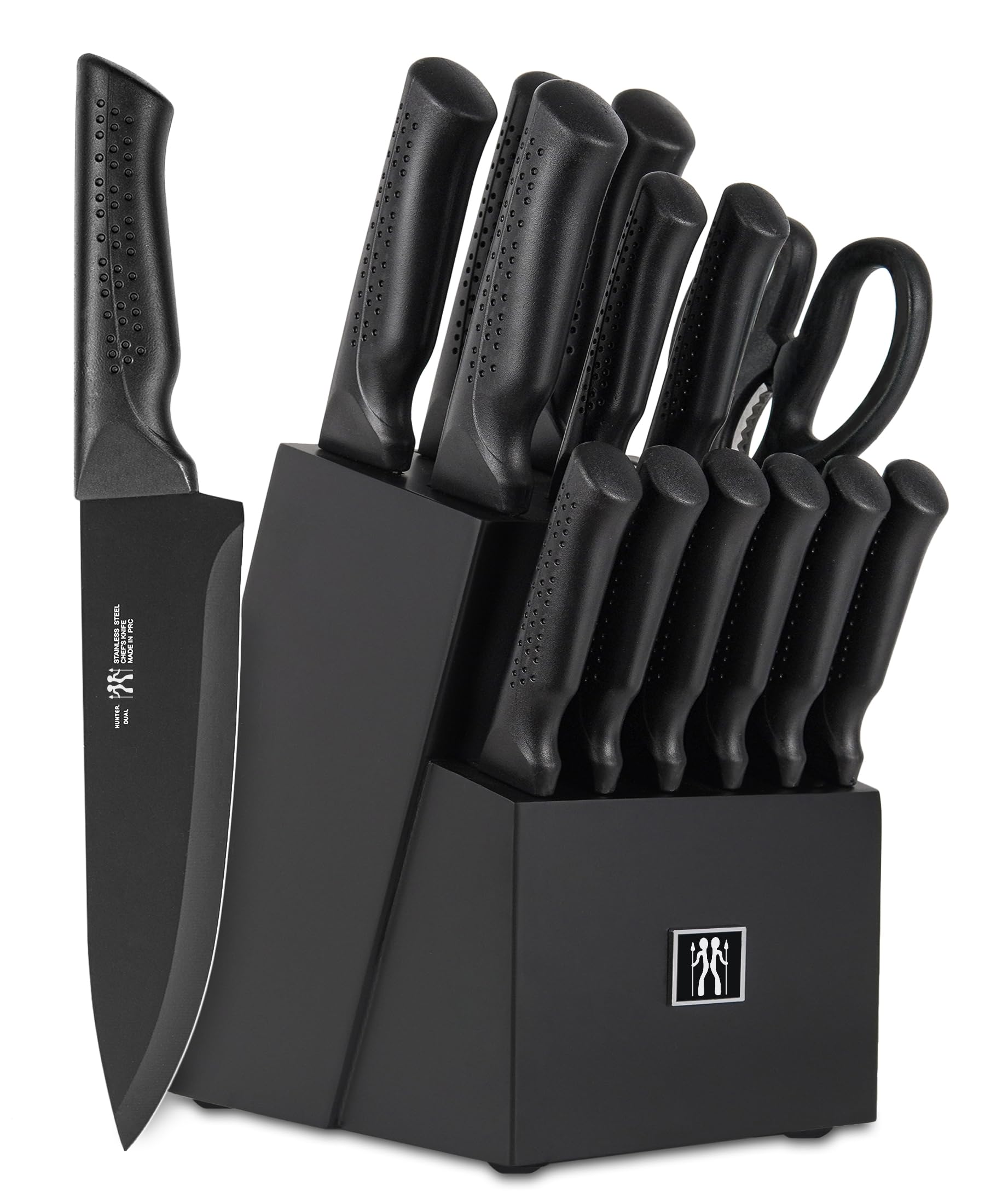 Knife Set, Dishwasher Safe Kitchen Knife Set with Block, 15 Pcs Black Knife Sets for Kitchen with Block Self Sharpening, 6 Steak Knives, Anti-Slip Handle, Black