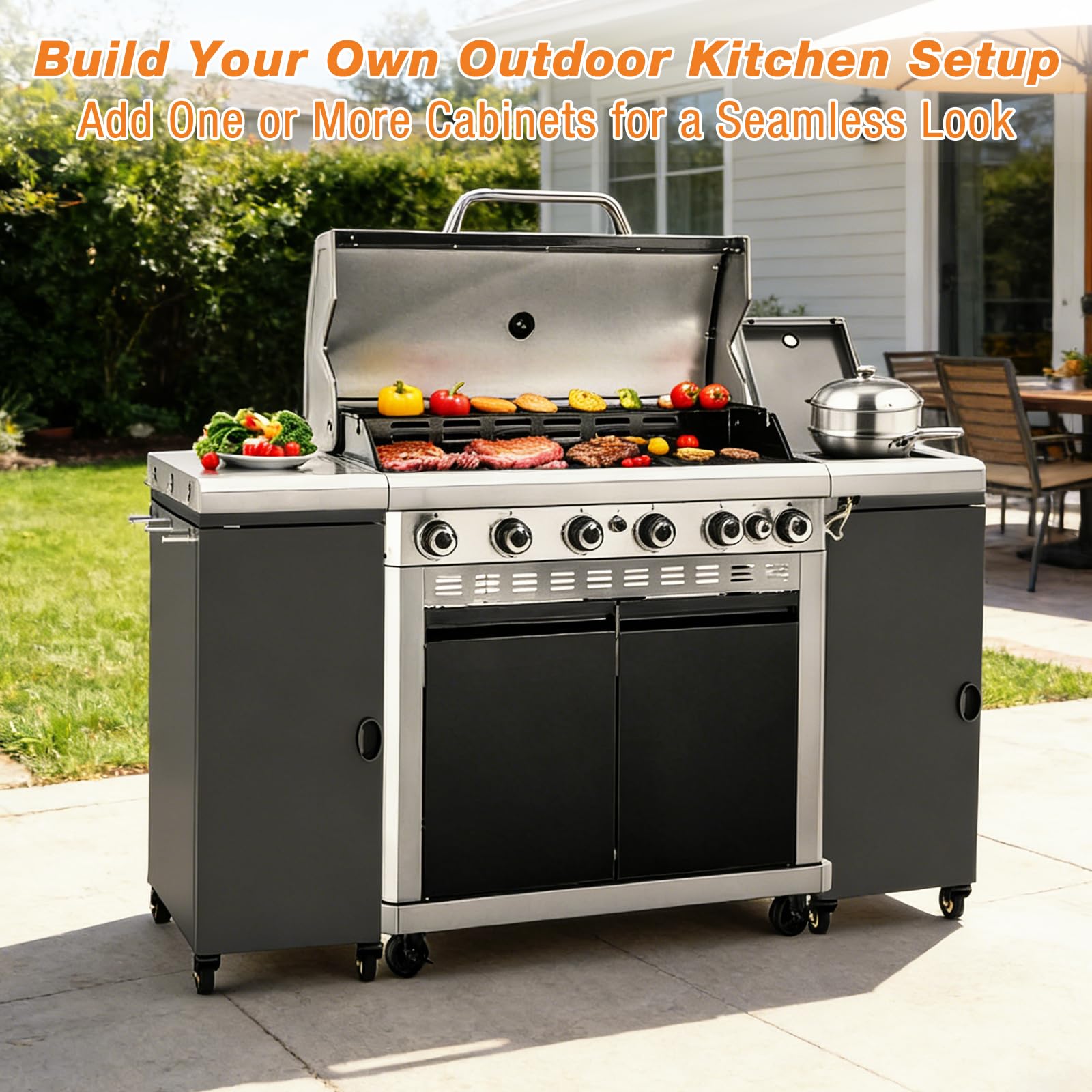 GFTIME Grillwagen mit Stauraum & Haken, Rollbarer Grilltrolley mit 4 Lenkrollen, Outdoor Beistelltisch für Weber Genesis II/LX 300, Enders, Charbroil, Nexgrill, Dynaglo, Modularer Trolley, Schwarz