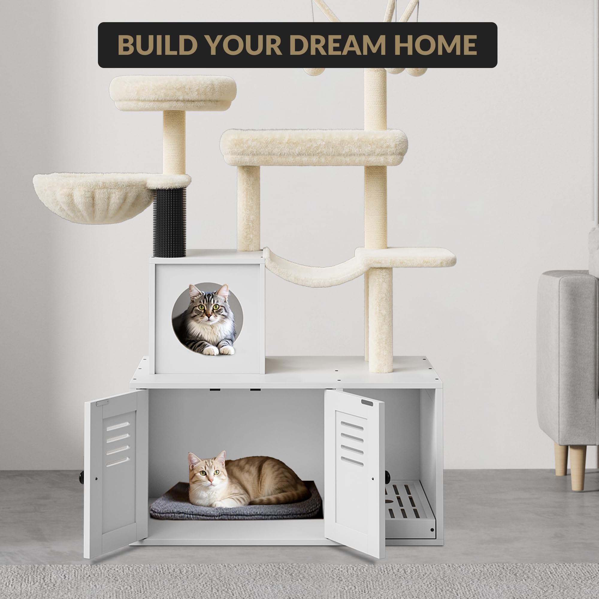 Kratzbaum mit Katzenklo Schrank, mehrstöckiger Katzenbaum aus Holz mit Sisalstämmen, Katzenkratzbaum mit Plüschbälle, kuschelige Hängematte, Versteckte Katzentoilette, Grau