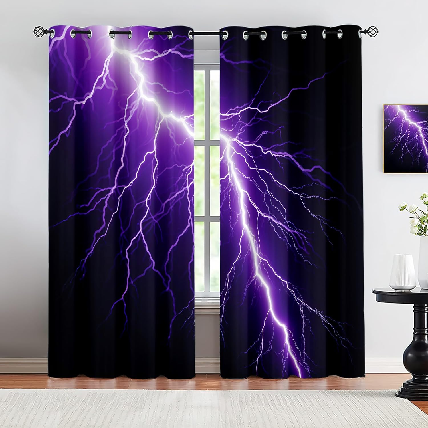 Purple Thunder Storm Blackout Curtains for Bedroom Living Room, Lightning Curtains & Home Decor, Horrible Weather Window Treatments, Thermal Grommet Nature Drapes, 63" Curtains 2 Panel Set