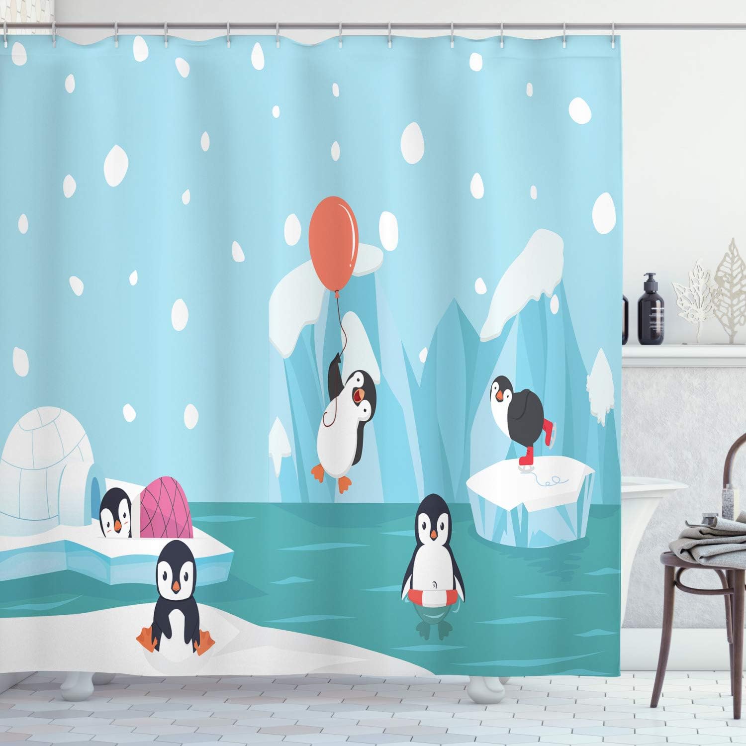 Ambesonne North Pole Shower Curtain, Penguins on Ice Glaciers Funny Animal Characters Print, Cloth Fabric Bathroom Decor Set with Hooks, 69" W x 75" L, Pale Sky Blue Multicolor