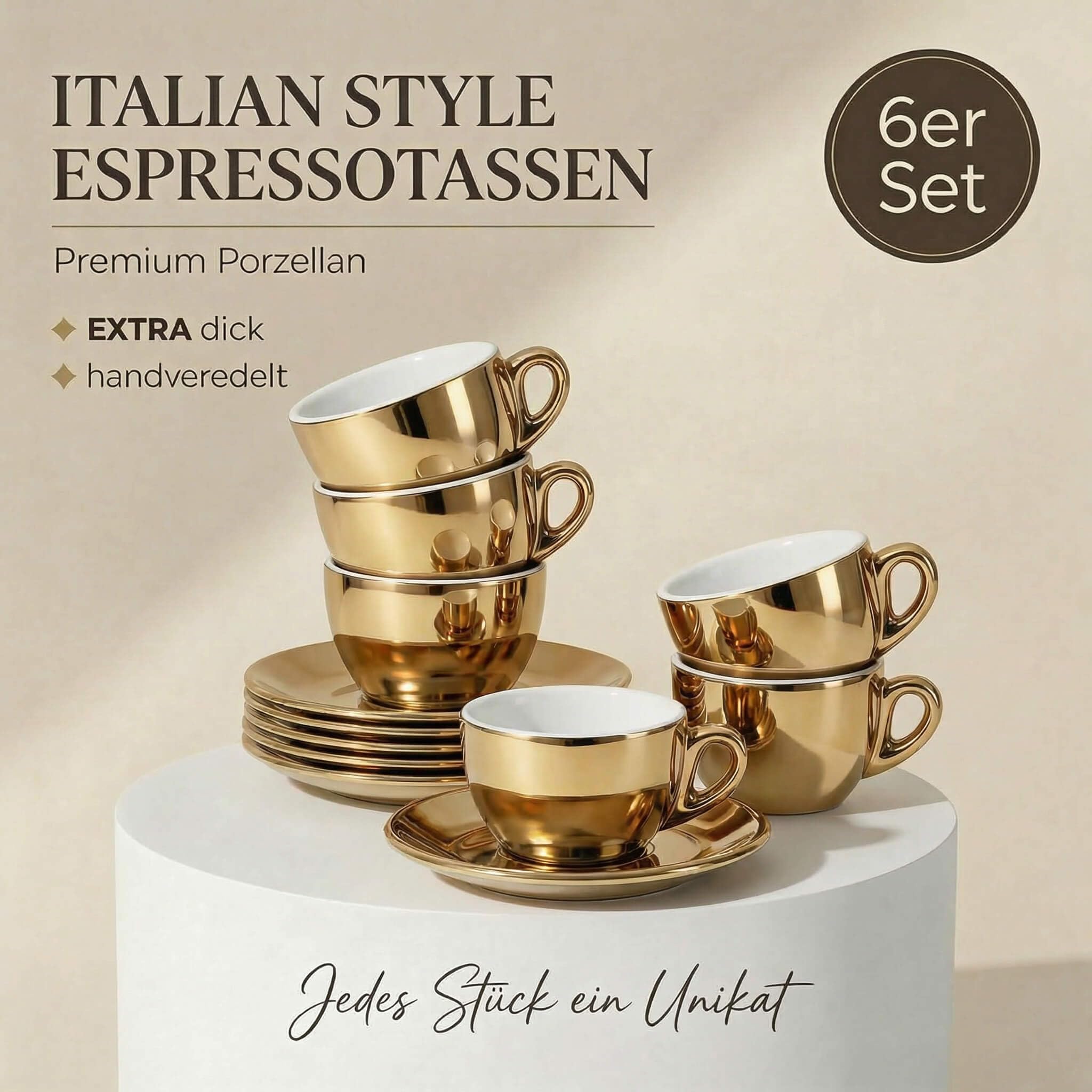 6 x filiżanki do espresso 60 ml | złoty - chrom | styl włoski | grube ścianki i ciężkie | zestaw 6 filiżanek do espresso ze spodkami - zestaw upominkowy