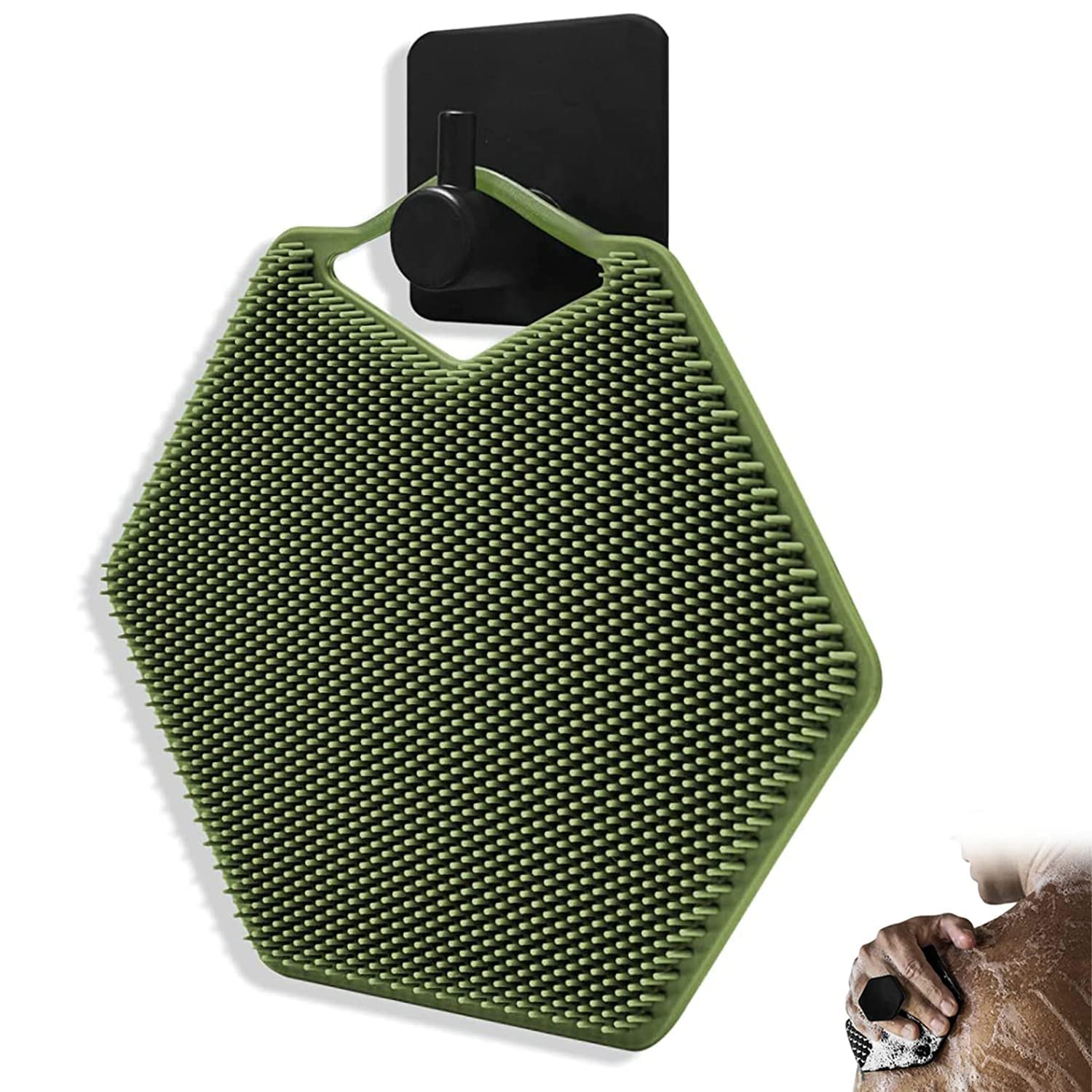 TERRIFI Body Scrubber & Storage Hook Set, Silicone Shower & Bathroom Accessory, Features Silicone-Grip Technology, Removable & Reusable Gentle Exfoliator Pad & Massager (Green)