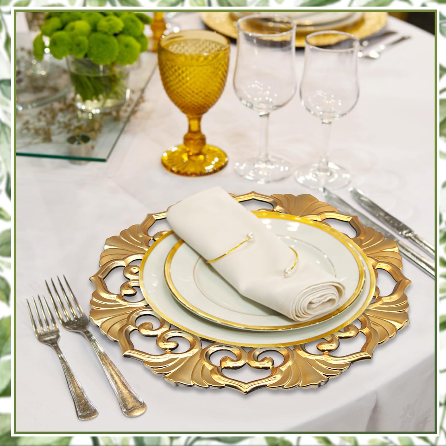 Anvin Set of 12 13-Inch Decorative Charger Plates Elegant Decorative Plates Set for Tablescapes, Weddings, Holidays, and Everyday Dining (Gold Design C)