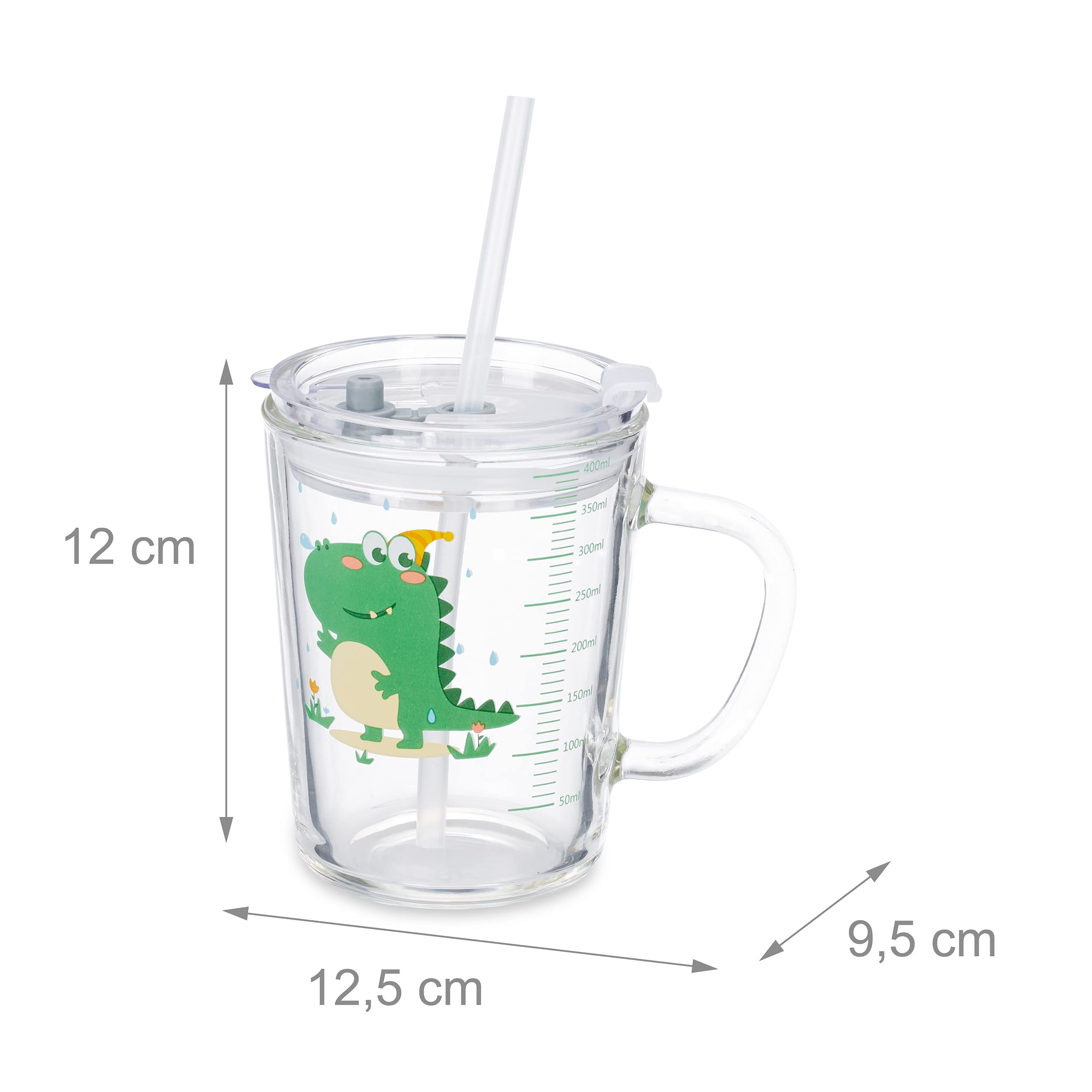 Relaxdays Set da 2 Tazze per Bambini, Vetro, Silicone, ABS, con Cannuccia Manico e Tappo, 400 ml, Dinosauro, Trasparente