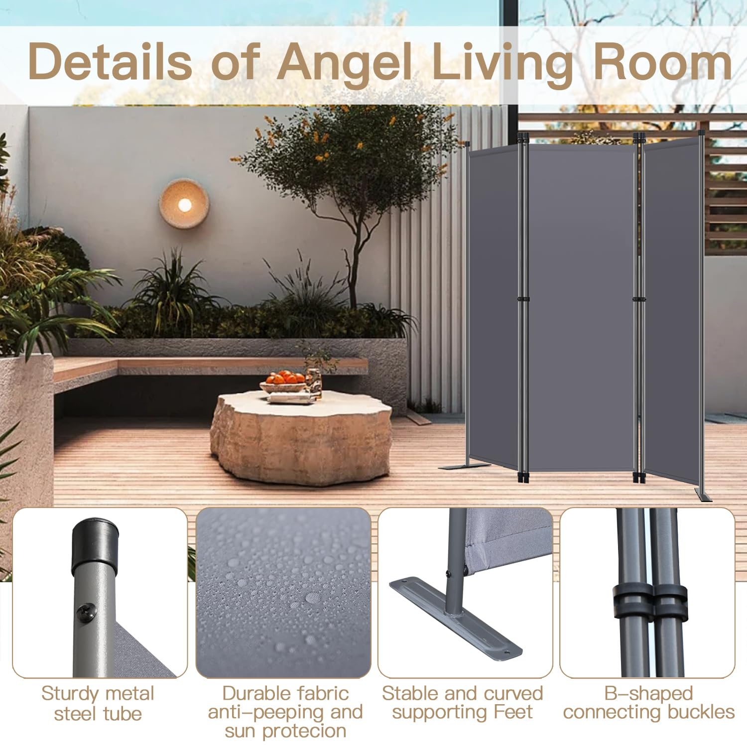 Angel Living Paravent 3 Panneaux Diviseurs intérieur de Chambre Séparateur de pièce Indépendant Paroi de Murale Séparation Visuelle pour Bureaux, Chambre à Coucher, 168 x 165cm (Gris)