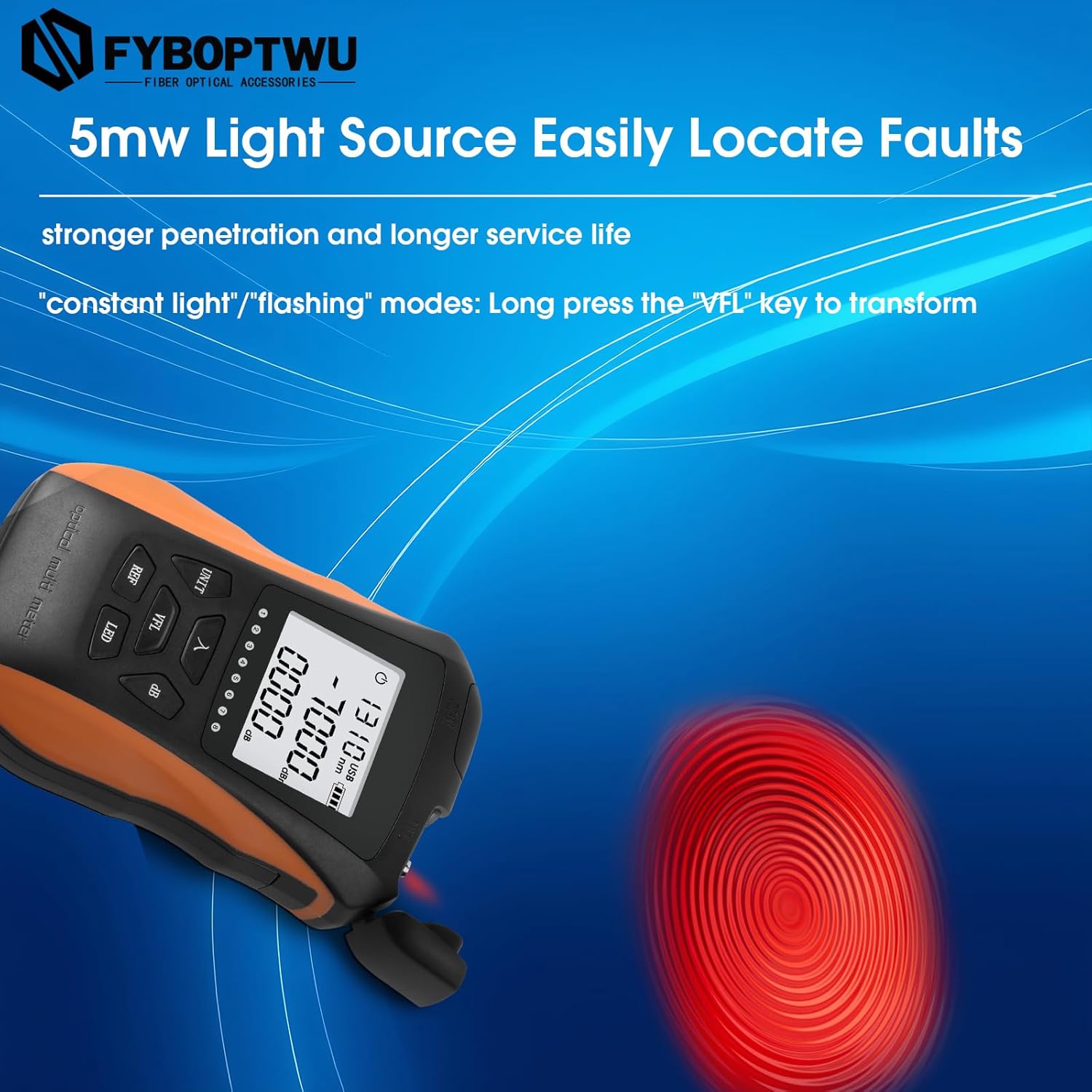 4 in 1 Function Rechargeable Fiber Optic Tester Portable Optical Power Meter (FC/SC/ST) & VFL 5mw Visual Fault Locator & LED, OPM & VFL, Range: (-70) dBm ~ (+10) dBm
