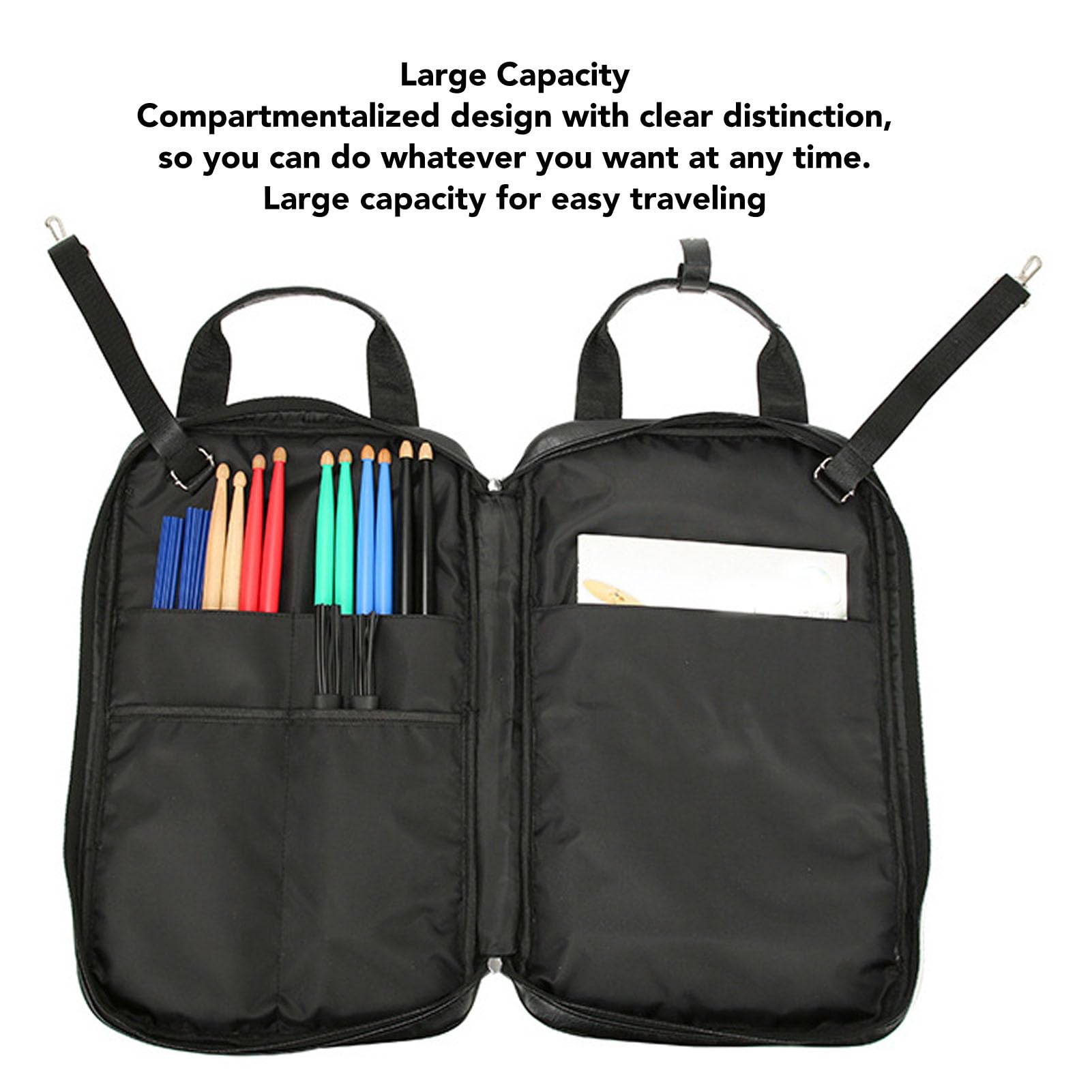 Bolsa para baquetas de batería, gruesa y multifuncional, de piel sintética, mochila portátil para bateristas y percusionistas, color negro
