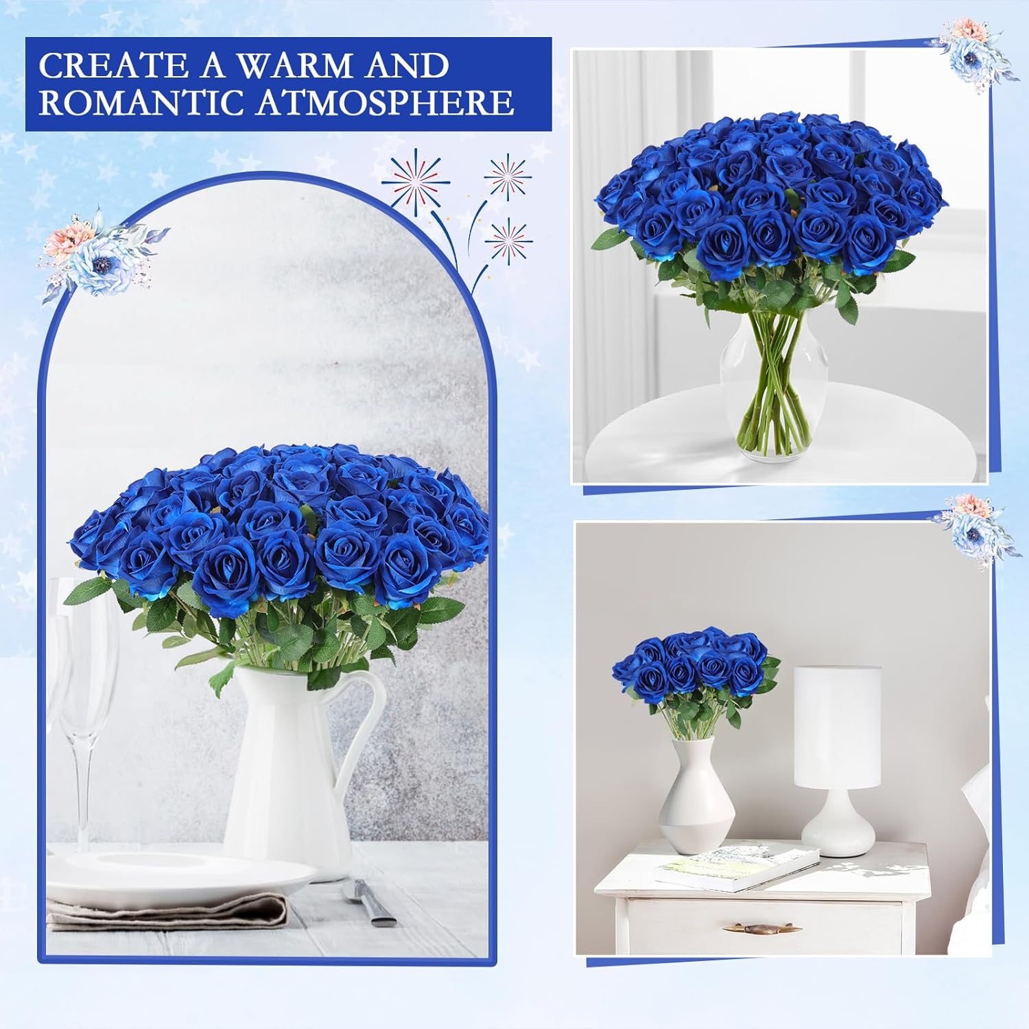 Hananona 50 Artificial Roses in Bulk, Fake Silk Roses Realistic Blue Roses for Wedding Centerpieces Flower Arrangement Home Decor (50, Blue) - Image 4