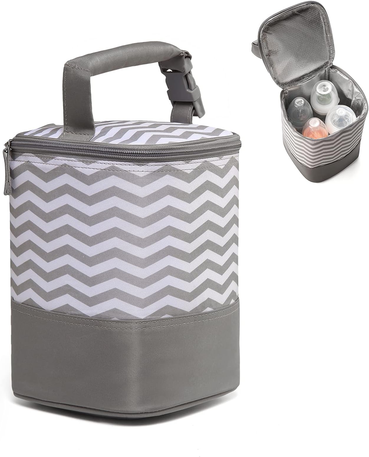 Insulated Baby Bottle Bag for Daycare - MBJERRY Size Upgrade Breastmilk Cooler Bag Baby Bottle Tote Bags, Easily Attaches to Stroller(Gray Wavy Stripes,Fits up to 4 Large 8 Oz. Bottles)