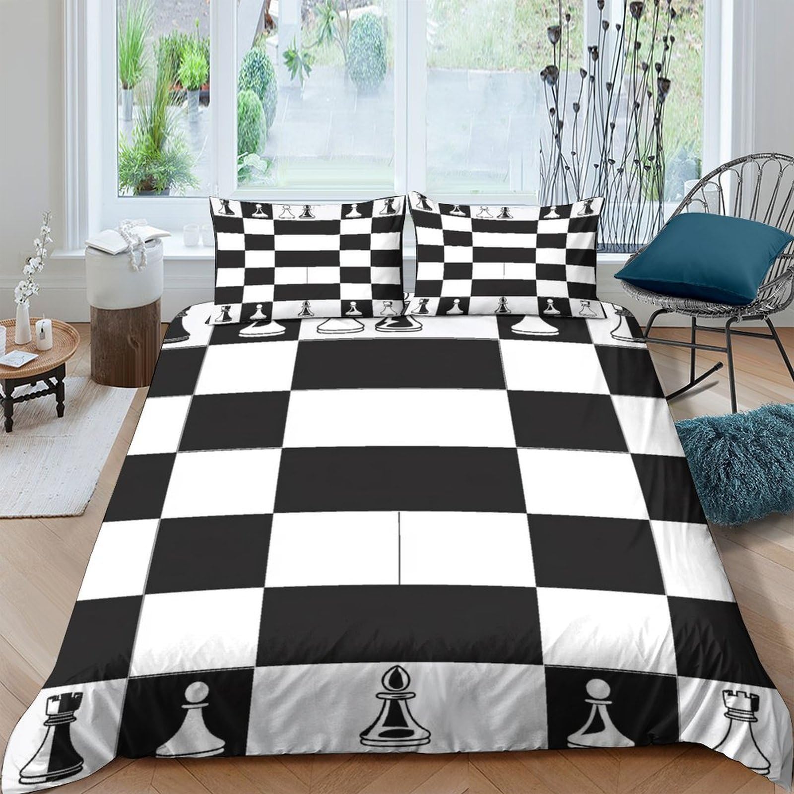 GPLZQXKJNH 3D Printed Chess Board Duvet Cover Microfiber Soft Breathable Pawn Pattern Bedding Set with 2 Pillowcases, Bedroom Decor, Single（135x200cm）