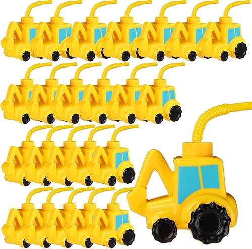 Juego de 24 vasos de excavadora con pajitas, vasos de plástico con forma de excavadora, vasos de plástico reutilizables, regalos de fiesta temática