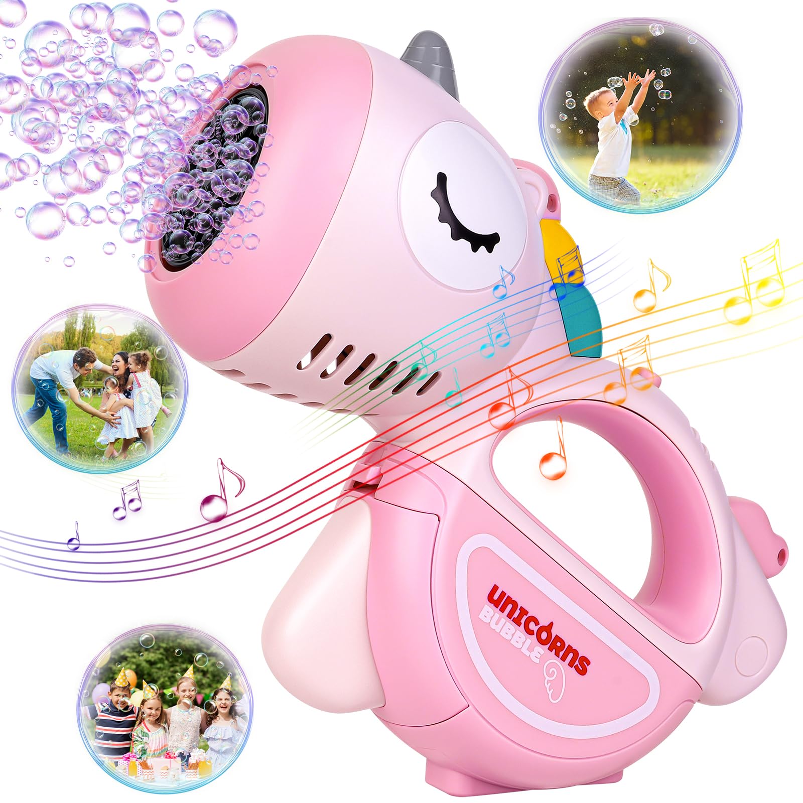 Macchina Automatica per Bolle per Bambini, Unicorno Pistole per Bolle Con luce LED e Musica, Pistola Bolle di Sapone Bambini, Sparabolle di Sapone Bambini, Feste all'aperto, Matrimoni