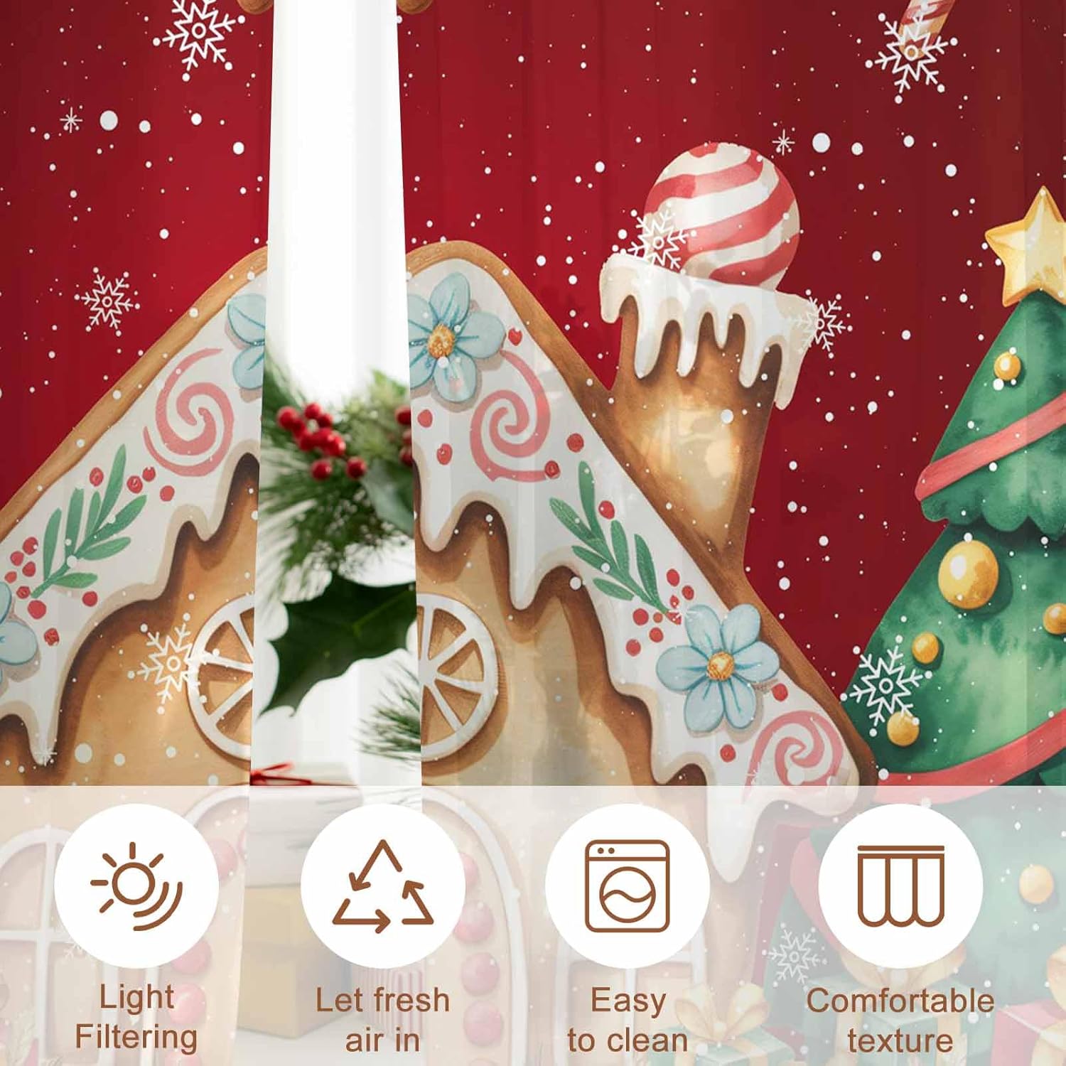 Christmas Tree Sheer Curtains 84 inches Long, Gingerbread House Candy Flower Winter Snow Red Rod Pocket Voile Window Curtain Light Filtering Drapes for Living Room/Bedroom, 2 Panels Set