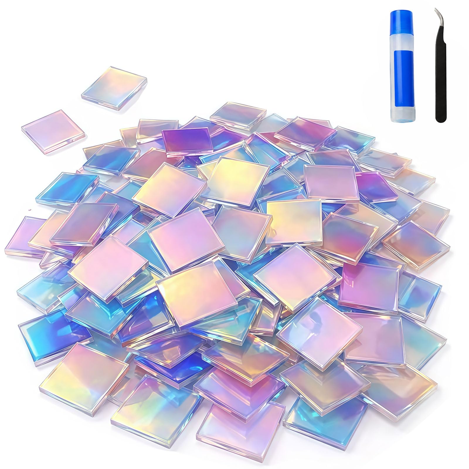 Domefahaso 200Pcs Holographic Acrylic Mosaic Tiles 2x2cm, Craft Mosaic Stones Set with Tweezers & Liquid Glue for DIY Handmade Art Decor