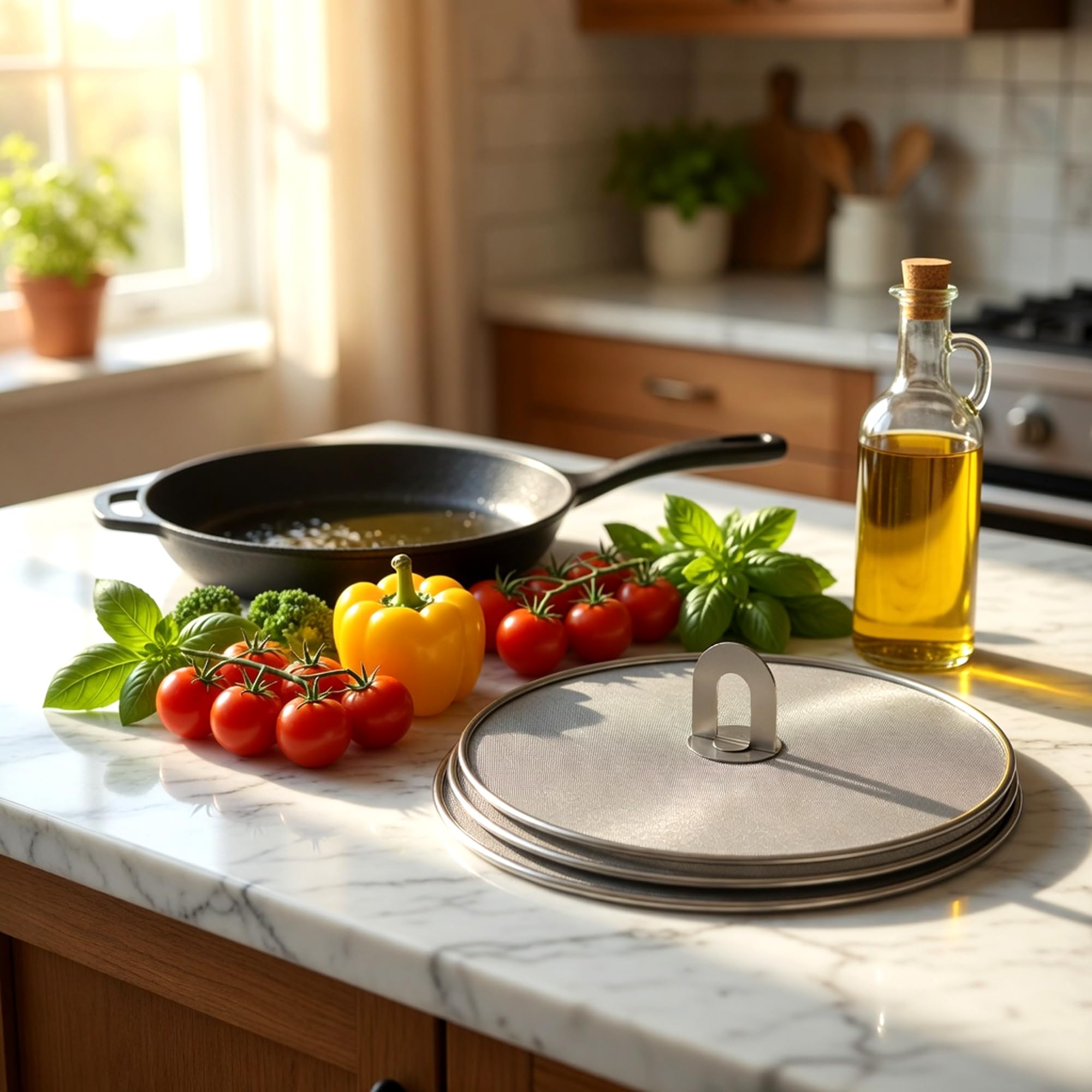 Homestia Protector de salpicaduras de grasa para sartén con perilla plana plegable, malla fina, protector de salpicaduras de aceite, tapa de sartén para cocinar, juego de 2 en 10 pulgadas + 13