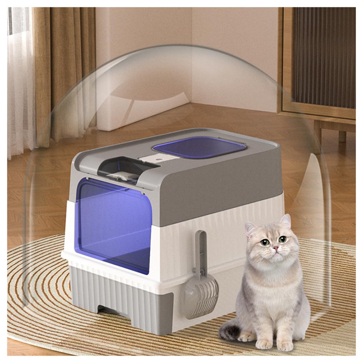 OAKTREE BAY Large Cat Litter Box with UV Sterilization for Large Cats, Easy Cleaning, Odor Eliminating, Disinfection and Deodorization, Anti-Leakage (Gray)