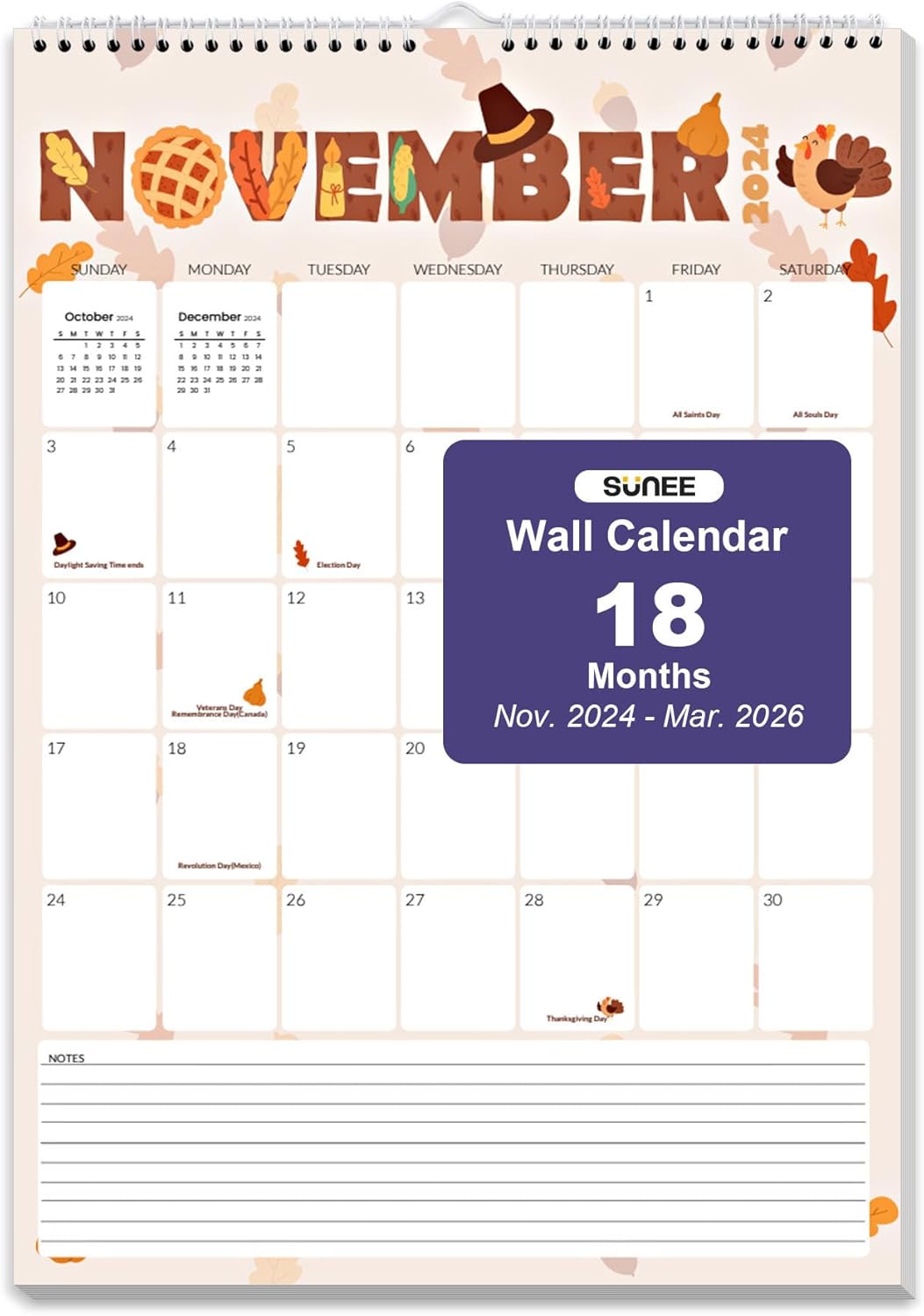 SUNEE Calendar 2025 18 Months Wall Calendar Oct. 2024 - Mar. 2026, 12"x17" Big Hanging Calendar with Note, Past Month and Next Month for Organizing & Planning, Cute