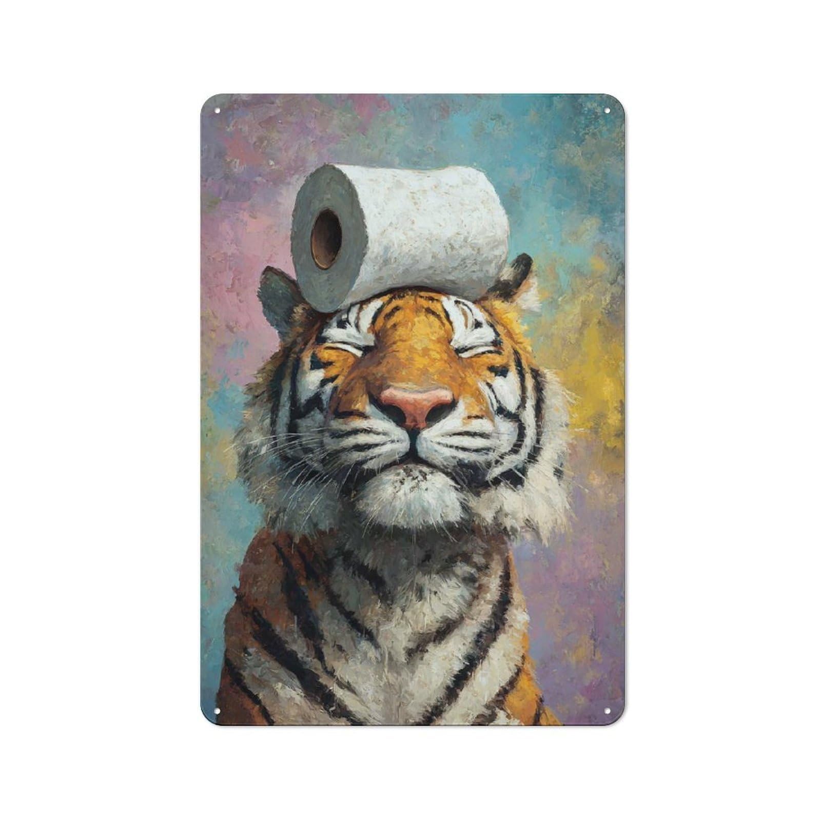 Junmoney Style-18 Metal Wall Sign 30X20cm Featuring Tiger With Toilet Paper On Head For Living Room Wall, For Feature Wall Decorators