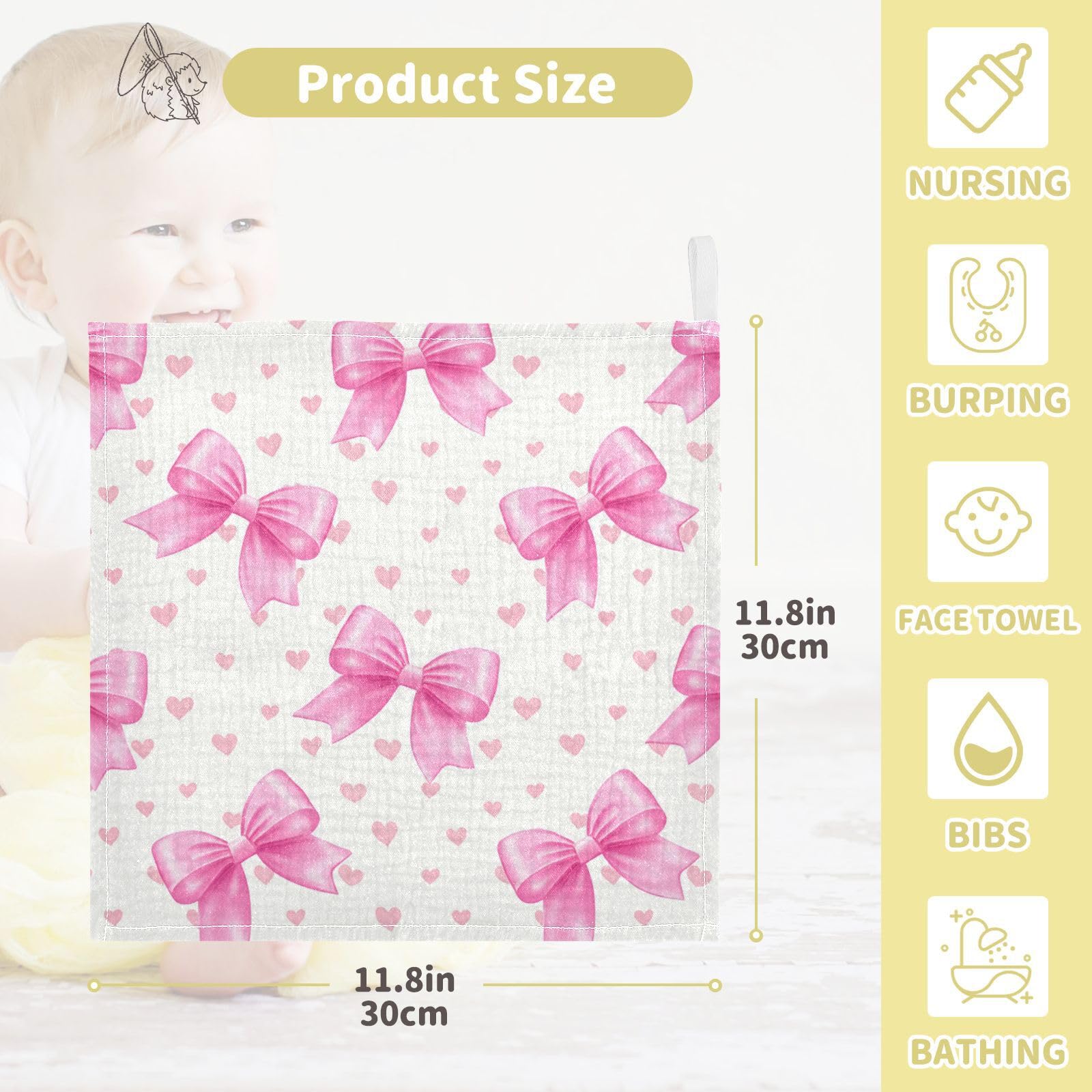 Nander 5Pack Baby Muslin Washcloths,Cute Pink Bows Soft Face Cloths for Newborn, Absorbent Bath Wash Cloths, Wipes, Burp Rag,Toddlers Essentials Stuff, Baby Registry as Shower