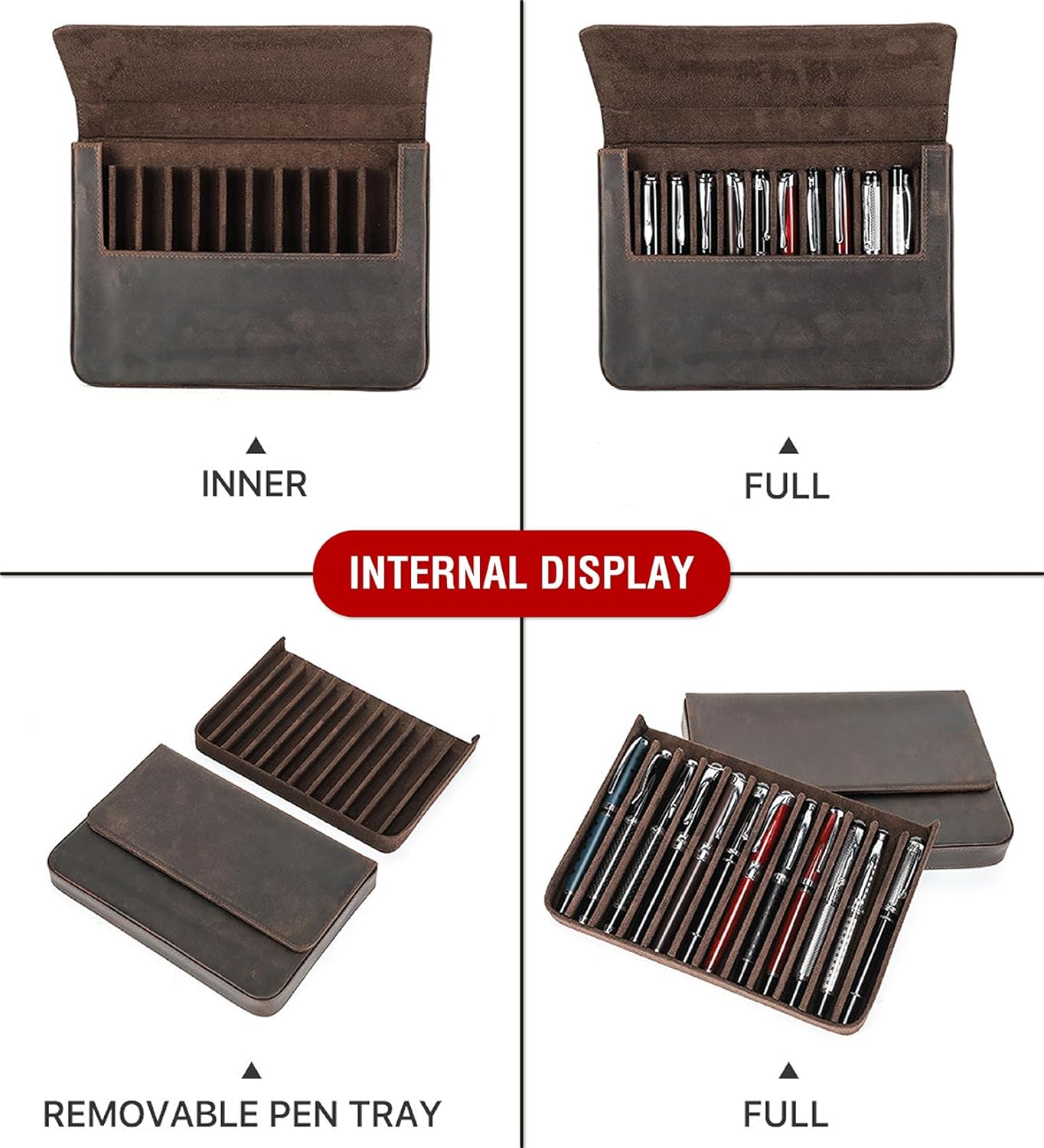 Top Grain Genuine Leather 12 Pen/Pencil Tray Case Organizer, Solid Vintage Design No Logo, Handmade, Magnetic Closure with Drawer, Gift Choice for Man/Woman/Office, Matte Coffee, 12 Slots