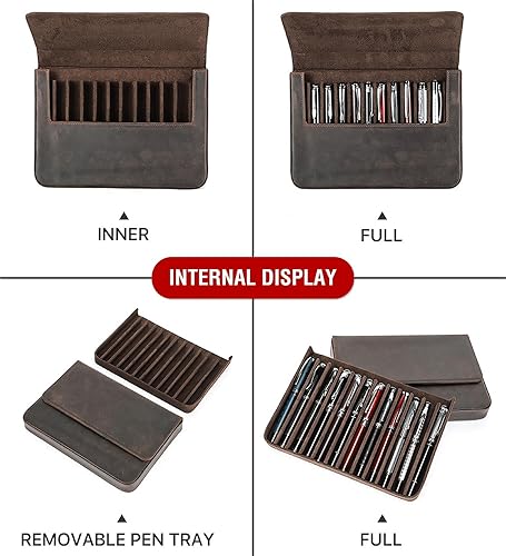 Vista 150 de Top Grain - Estuche organizador de cuero genuino para 12 bolígrafos y lápices, diseño minimalista sólido, hecho a mano, cierre magnético con cajón