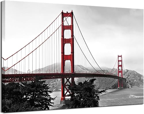 LevvArts Lienzo decorativo para pared con puente Golden Gate, pintura moderna en blanco y negro y rojo para pared, 24 x 36 pulgadas