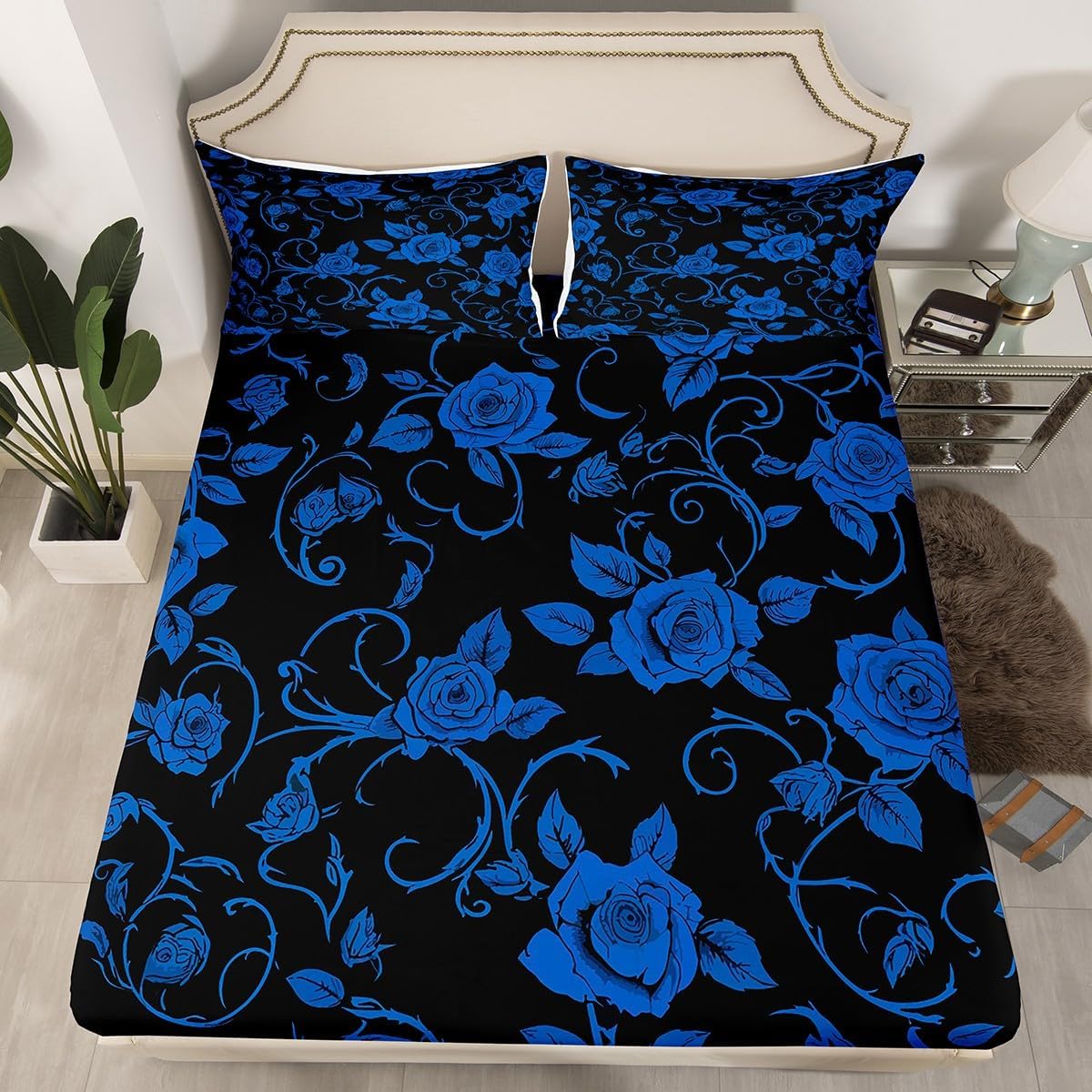 Feelyou Groovy Flower Fitted Sheet Full Size Kids Retro Floral Bedding Set for Boys Girls Teens 70S Hippie Flowers Bohemian Bed Sheets Set Room Decor Black Blue