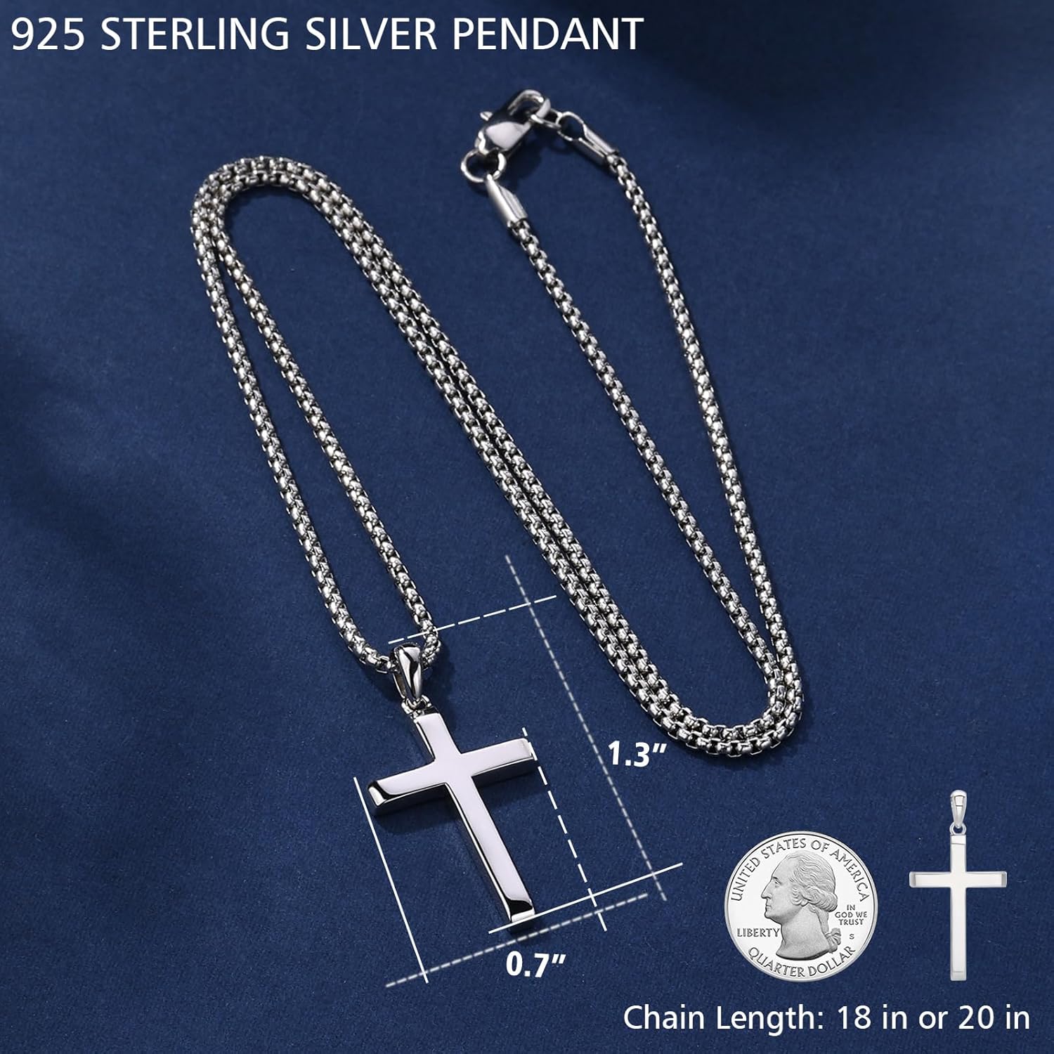 Small Dainty Cross Pendant Necklace 925 Sterling Silver for Women with 18", 20" Sturdy Chain 14K White Gold Plated