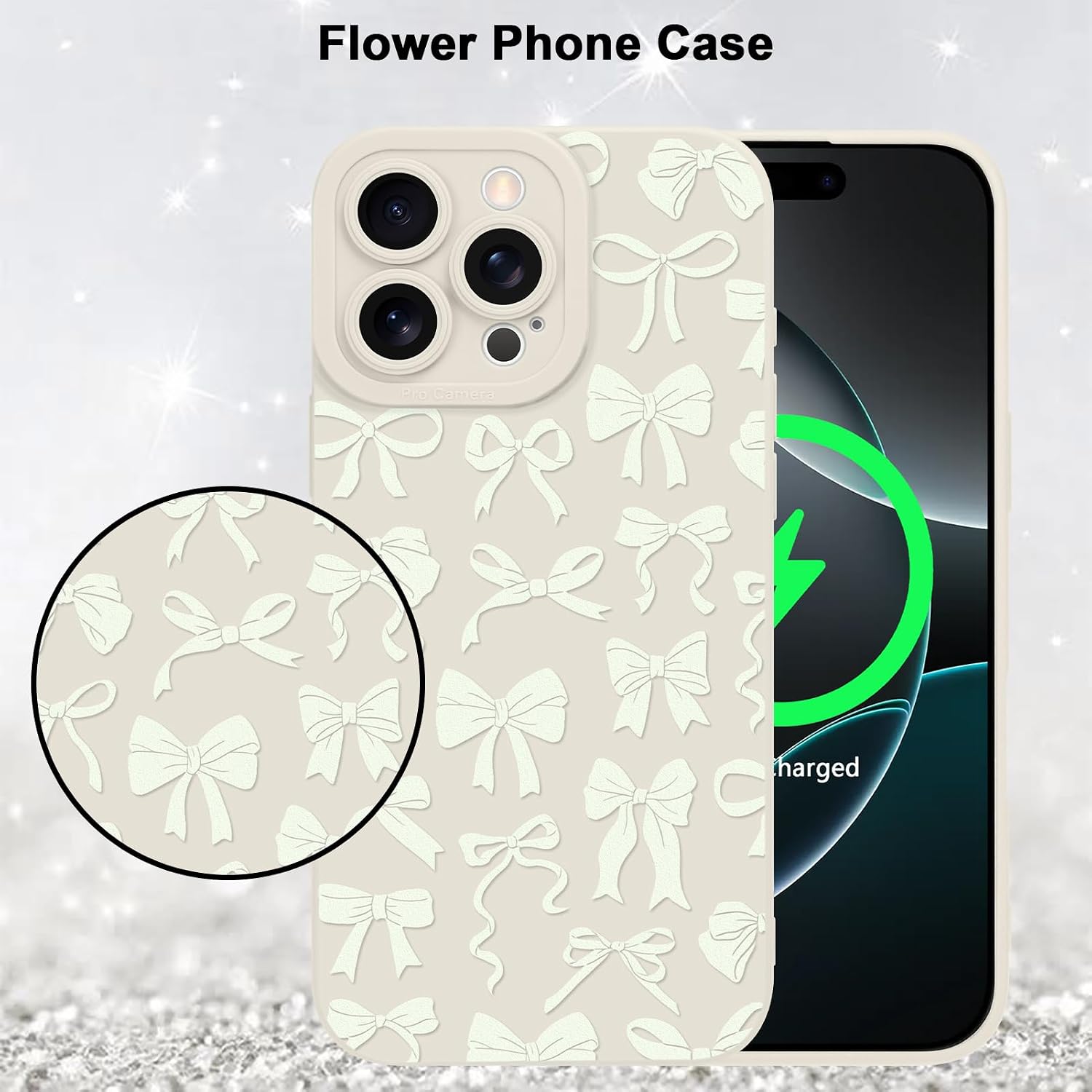 MZELQ for iPhone 16 Pro Max Case, Silicone Bow Paint Cute Pattern, Camera Protection Soft Slim Phone Case for Girls Women -White