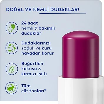 NIVEA Blackberry Lip Care Cream 4.8 gr, 24 Hour Moisturizing, Blackberry Smell, Luminous Color, Does Not Contain Mineral Oil