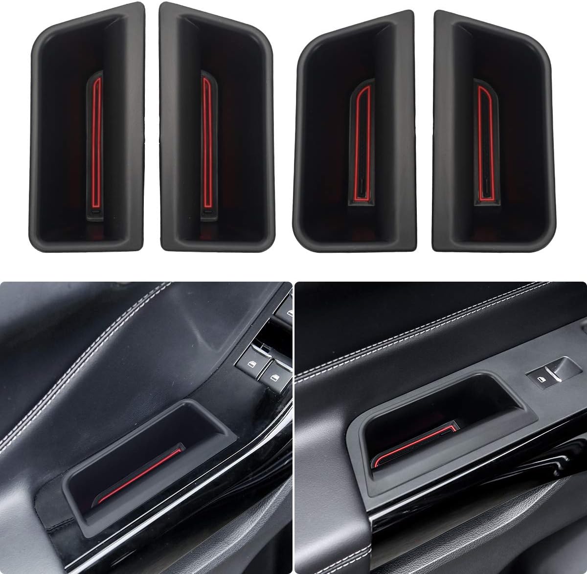 auovo 4PCS Door Side Storage Box for Ford Explorer Accessories 2020 2021 2022 2023 Front and Rear Row Door Storage Pockets Armrest Phone Container with Handle ABS Tray with Mats Insert (Red)