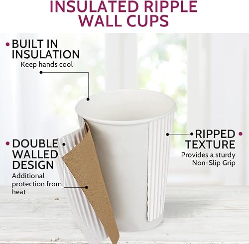 Miniatura 2 de Paquete de 500 tazas de café de papel desechables de 12 onzas  Tazas de pared onduladas para café fríocaliente, agua, jugo, té, tazas de papel