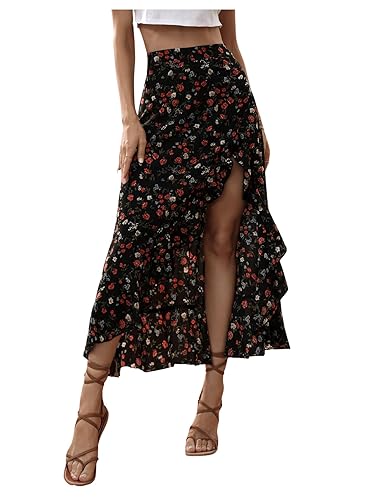 WDIRARA Women's Boho Floral Print Ruffle Maxi Skirt High Waisted Split Long Skirts - Small - Multicolor
