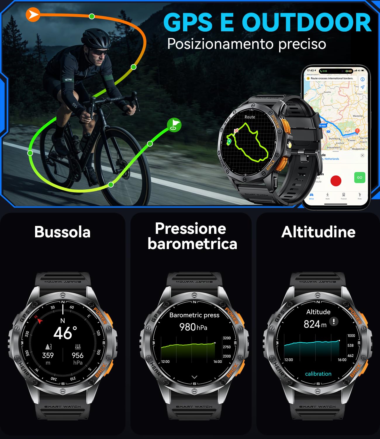LIGE Smartwatch Uomo GPS, Barometro/Altimetro/Bussola, AMOLED 1,43" Smart Watch Militare con Torcia LED, Chiamate Bluetooth, 170+ Modalità Sport, 5ATM, Monitoraggio Salute per Android iOS,DM1-I