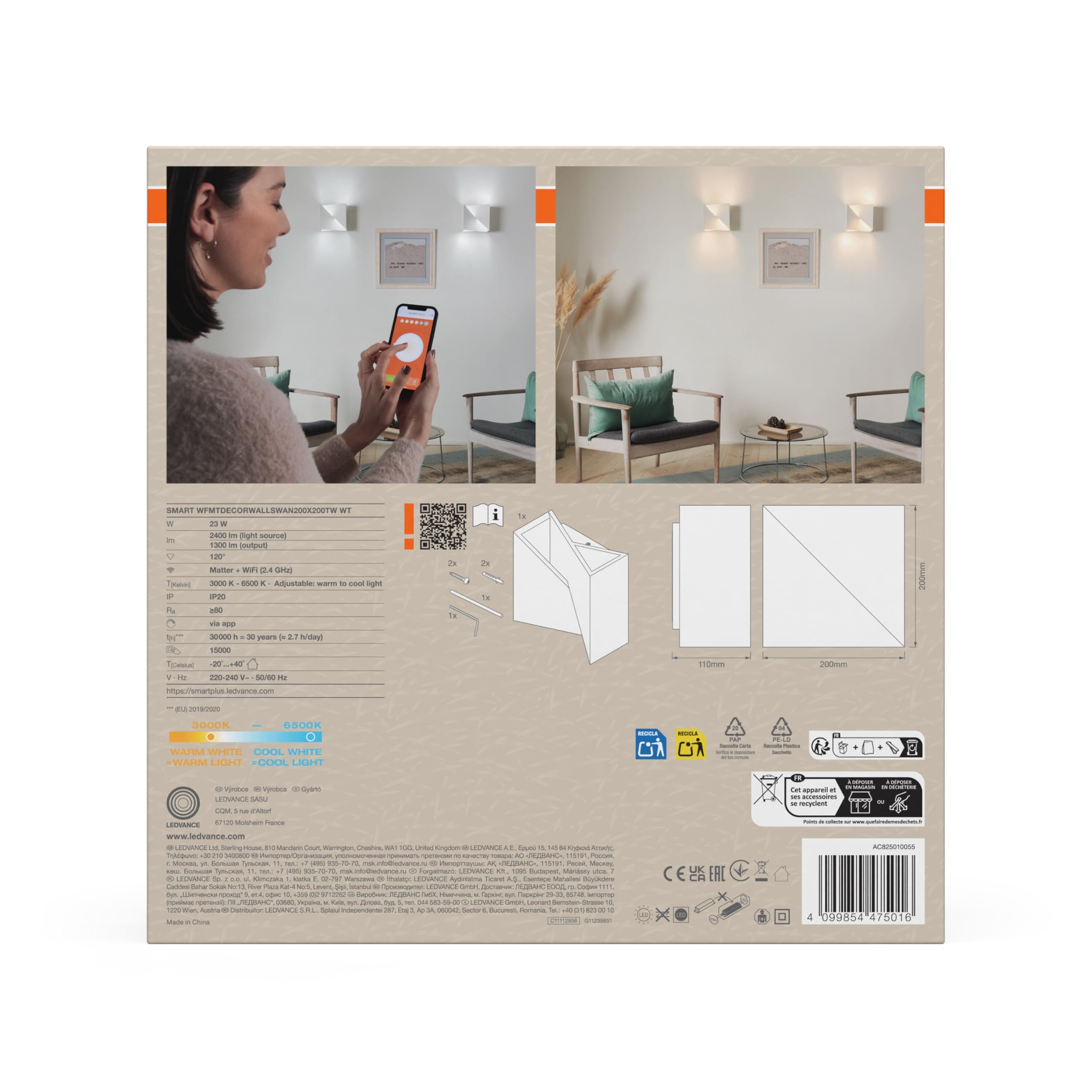 OSRAM SMART+ Matter Wall Swan Lampa ścienna LED Biała 200x200mm, 23W, 1300lm, TW 3000-6500K, WiFi, Alexa, Gips