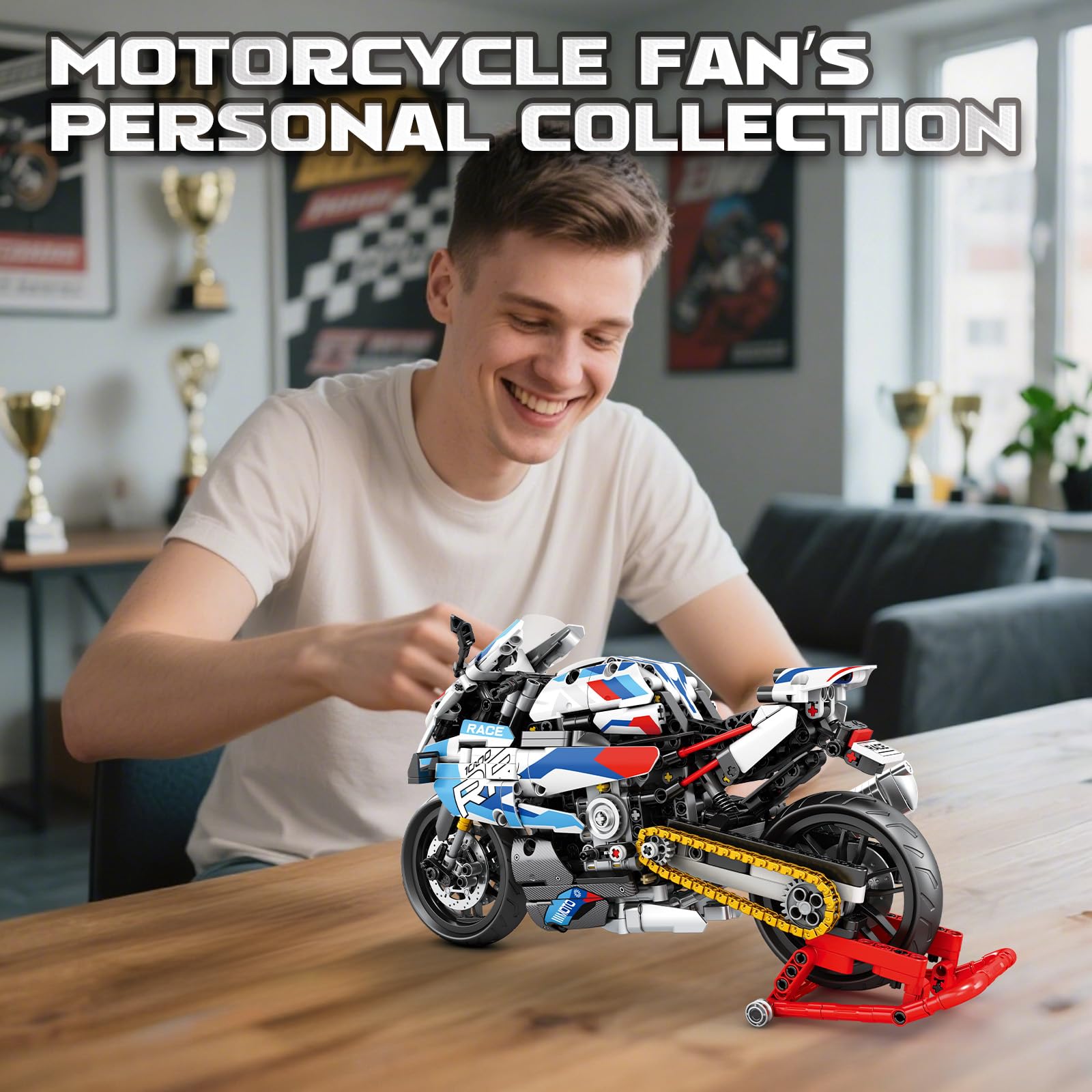 Reobrix Motorcycle 1000 RR Technic Set di Costruzione 1:8 949 Pezzi Modello Moto da Collezione con Supporto 14+