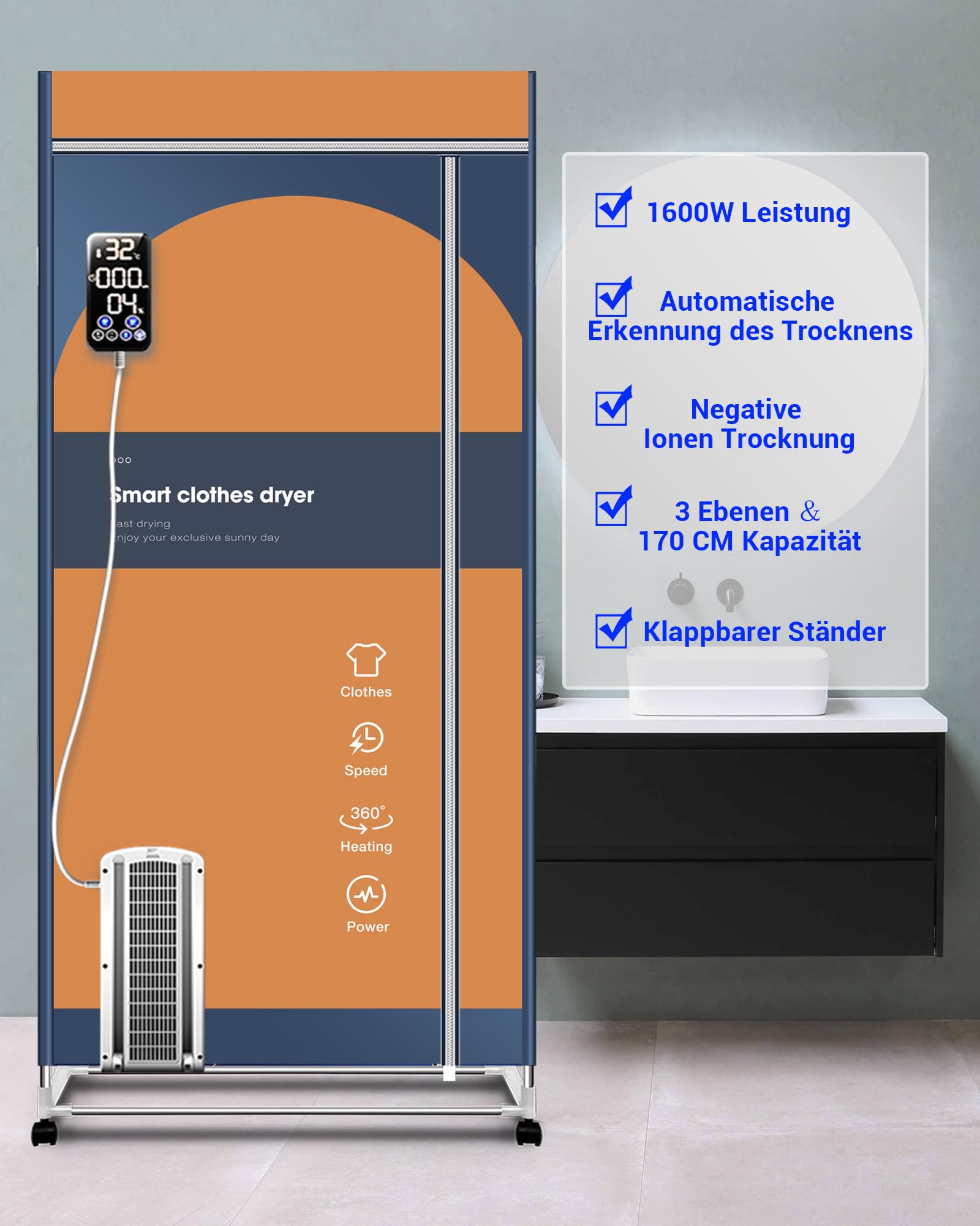 Tragbarer Wäschetrockner, 1600W Elektrisch Wäschetrockner Tragbarer, 170cm Klappbare Wäscheständer Platzsparend, Digitaler Automatik-Timer Tragbarer Wäschetrockners für Wohnung und Haus