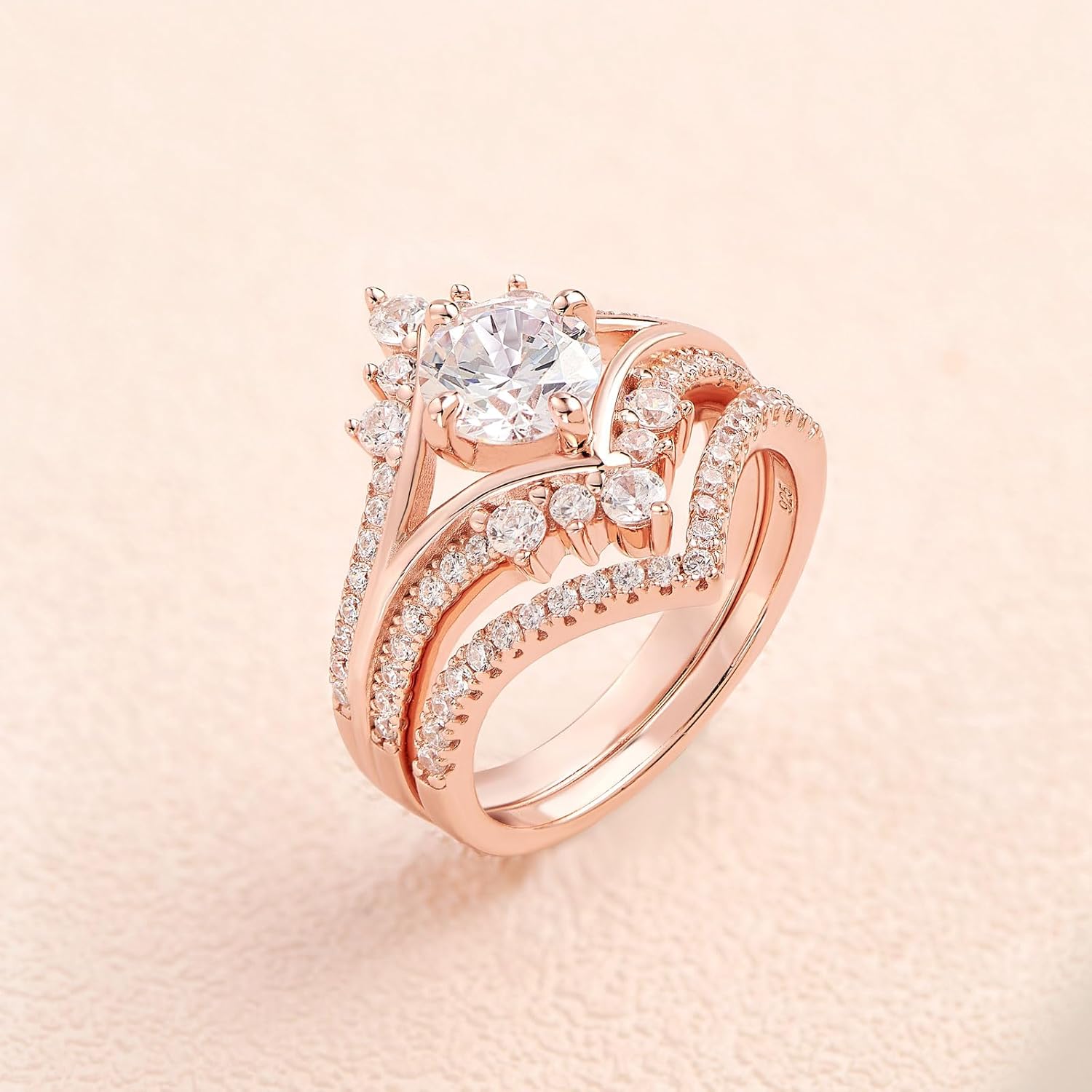 SHELOVES Crown Wedding Engagement Ring Sets for Women with Chevron Stacking Band 925 Sterling Silver Sz 5-10