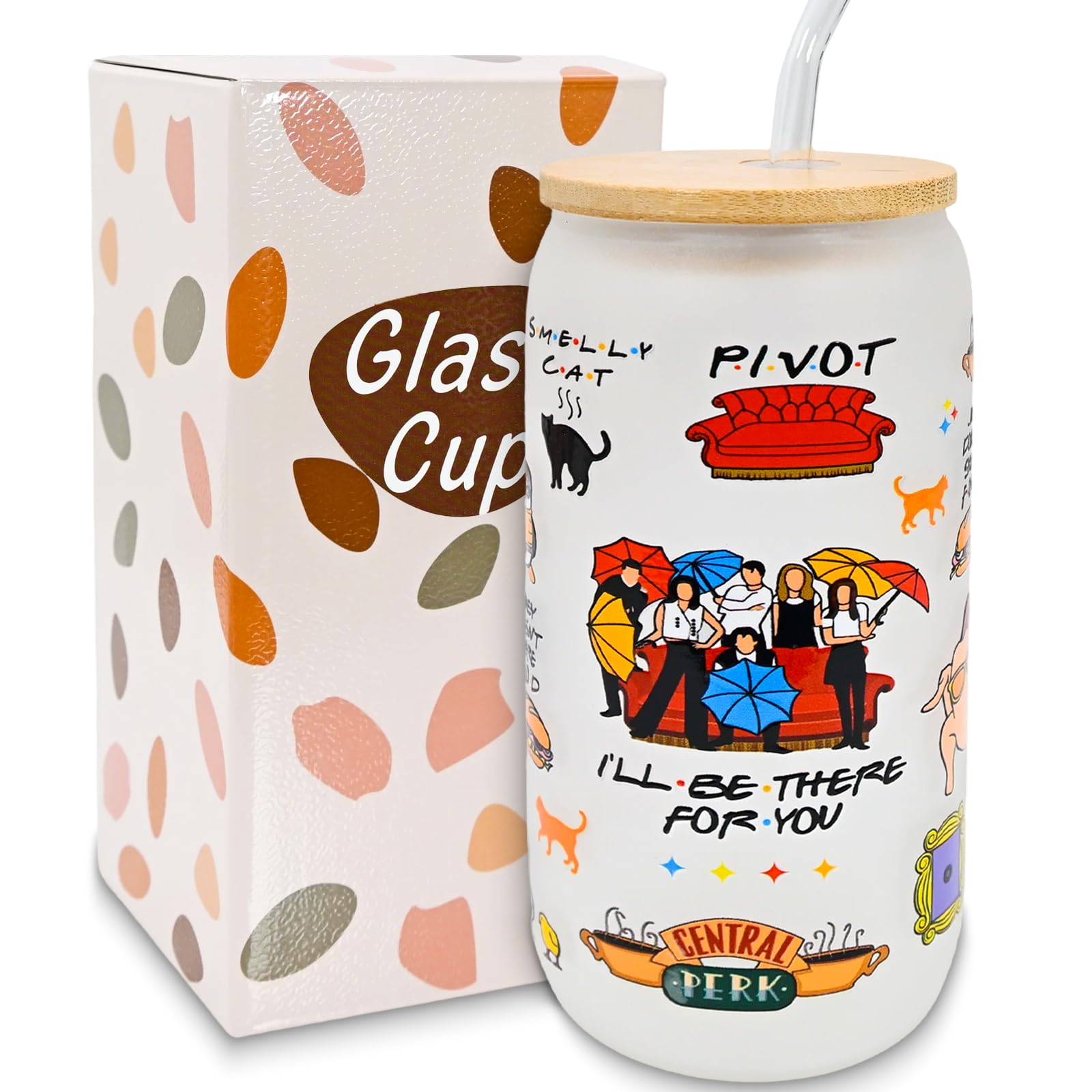 HSSPIRITZ Friends Merchandise Glass Cups with Lids and Straws, Friends TV Show Theme Pattern Fans Gifts, Birthday Christmas Gifts for Women Men, 16oz Iced Coffee Cup Ideal for Cocktail, Coke, Soda