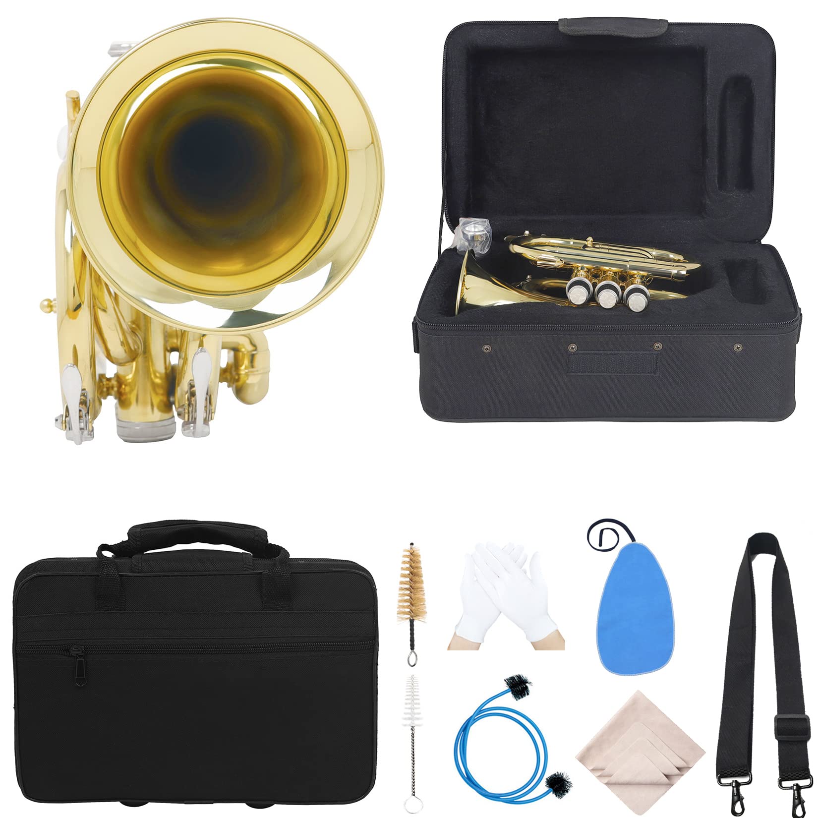 BOTOWI Professionelle Taschen-Trompete Taschenkornette Komplettset, Mini-Trompete Holzblasinstrument, Finish Lack Musikinstrument in B-Flat für Anfänger/Studenten/Leistung, Klarer Klang