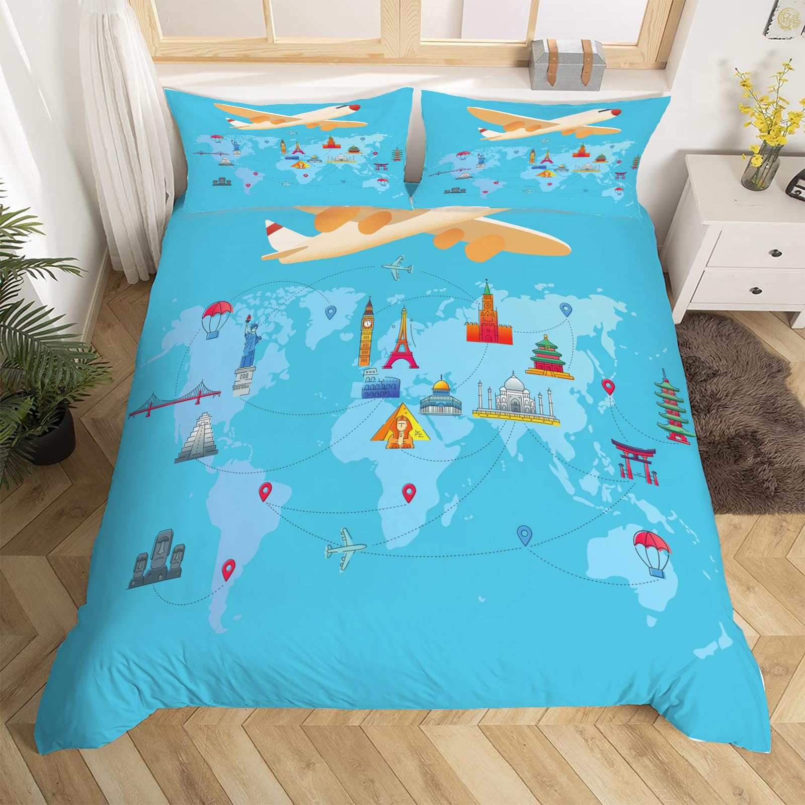 Parure De Lit 3 Pièces Microfibre - Housse Couette 260x240cm + 2 Taies 65x65cm - Motif Arbre De Vie/carte Du Monde - Vert Sauge - 13
