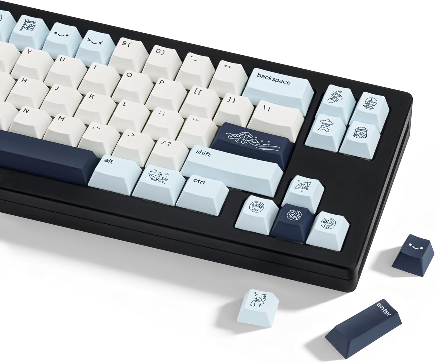 Cute PBT Keycaps 130 Keys, Minimalist Style Key Cap Blue White Anime Keycaps, Cherry Profile Dye-Sublimation Key Caps for Cherry MX Switches Mechanical Gaming Keyboard 60% 75% 100%