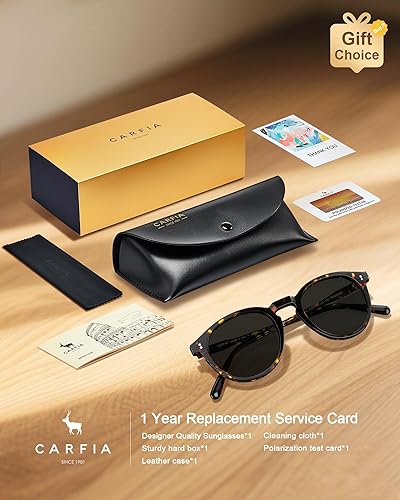 Vista 6 de CARFIA Gafas de sol polarizadas redondas para mujer, con protección UV, marco de acetato, estilo retro clásico, CA2302, montura de tortuga